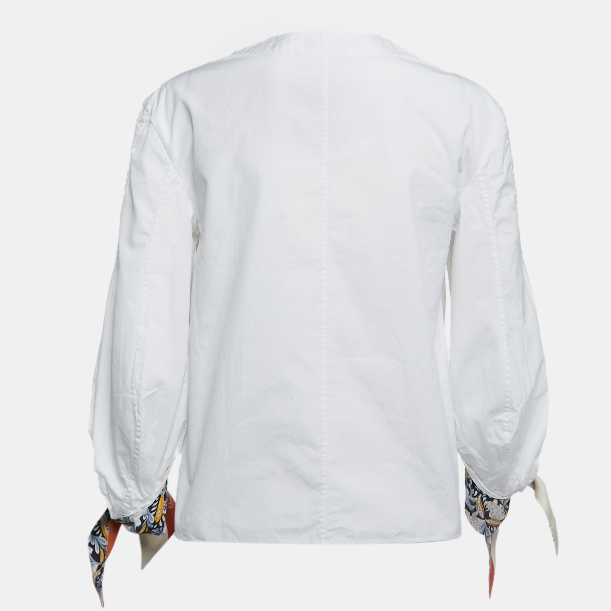 

Dior White Cotton and Printed Silk Long Sleeve Tie Detail V-Neck Blouse