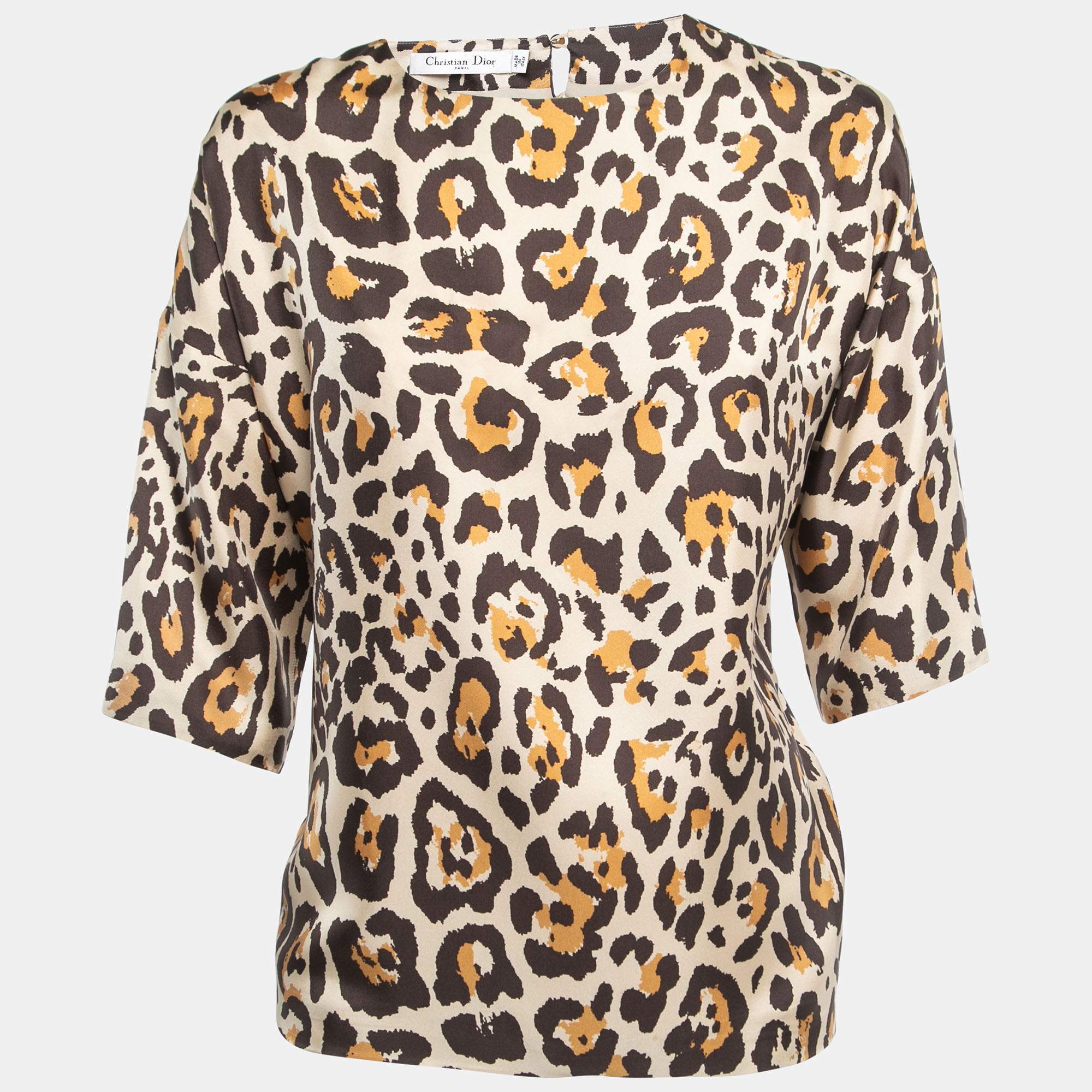 Pre-owned Dior Beige Leopard Print Silk Blouse S