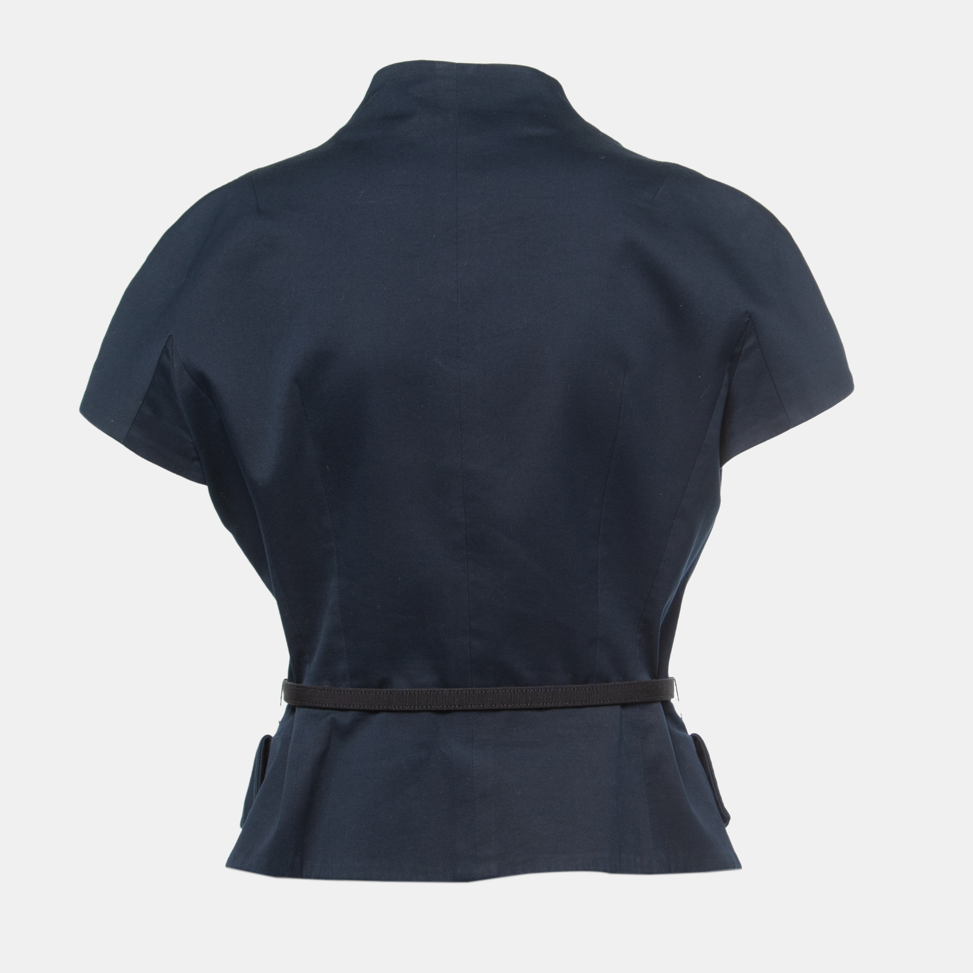 

Christian Dior Navy Blue Ruched Cap Sleeve Belted Jacket