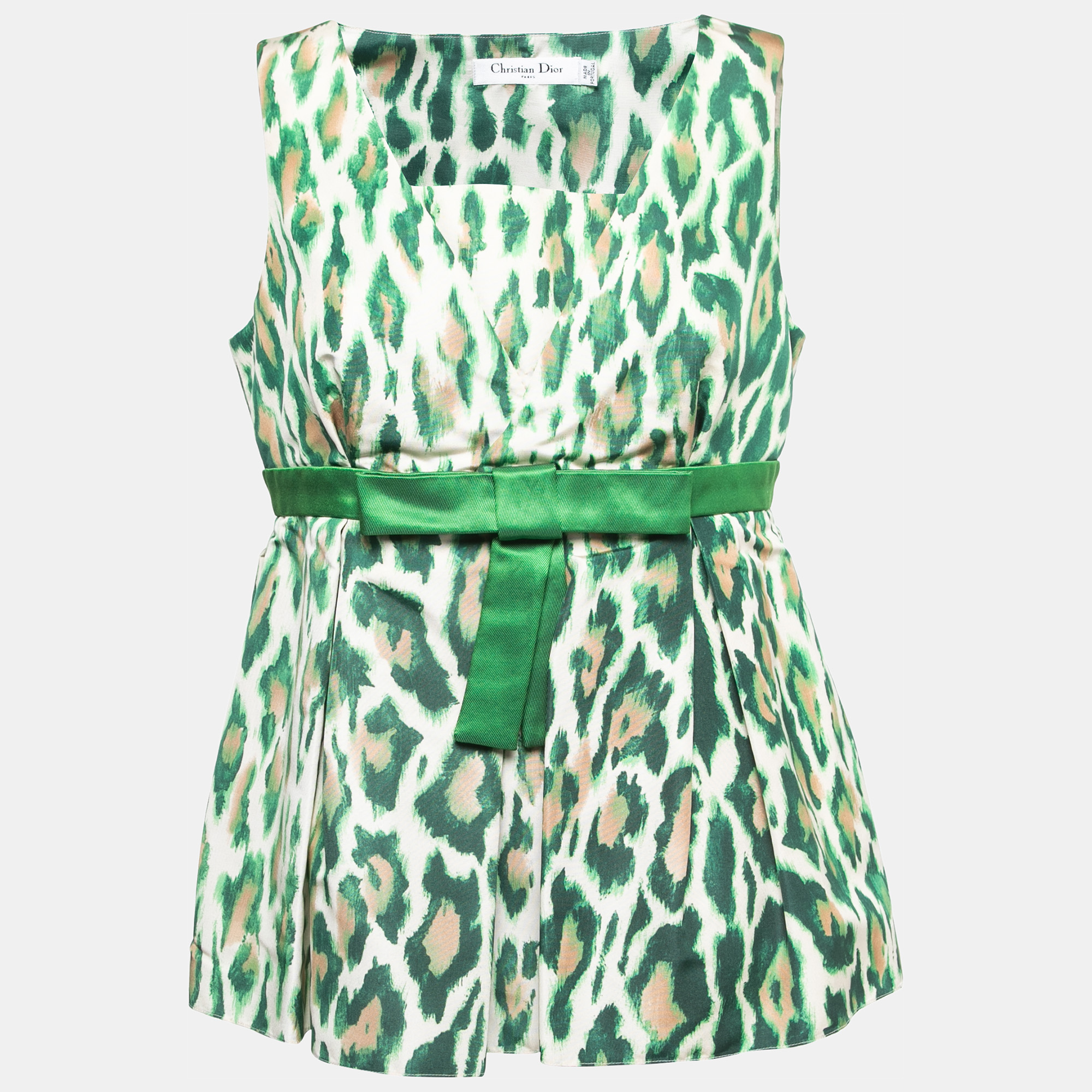 

Christian Dior Green Animal Print Silk Bow Detail Top M