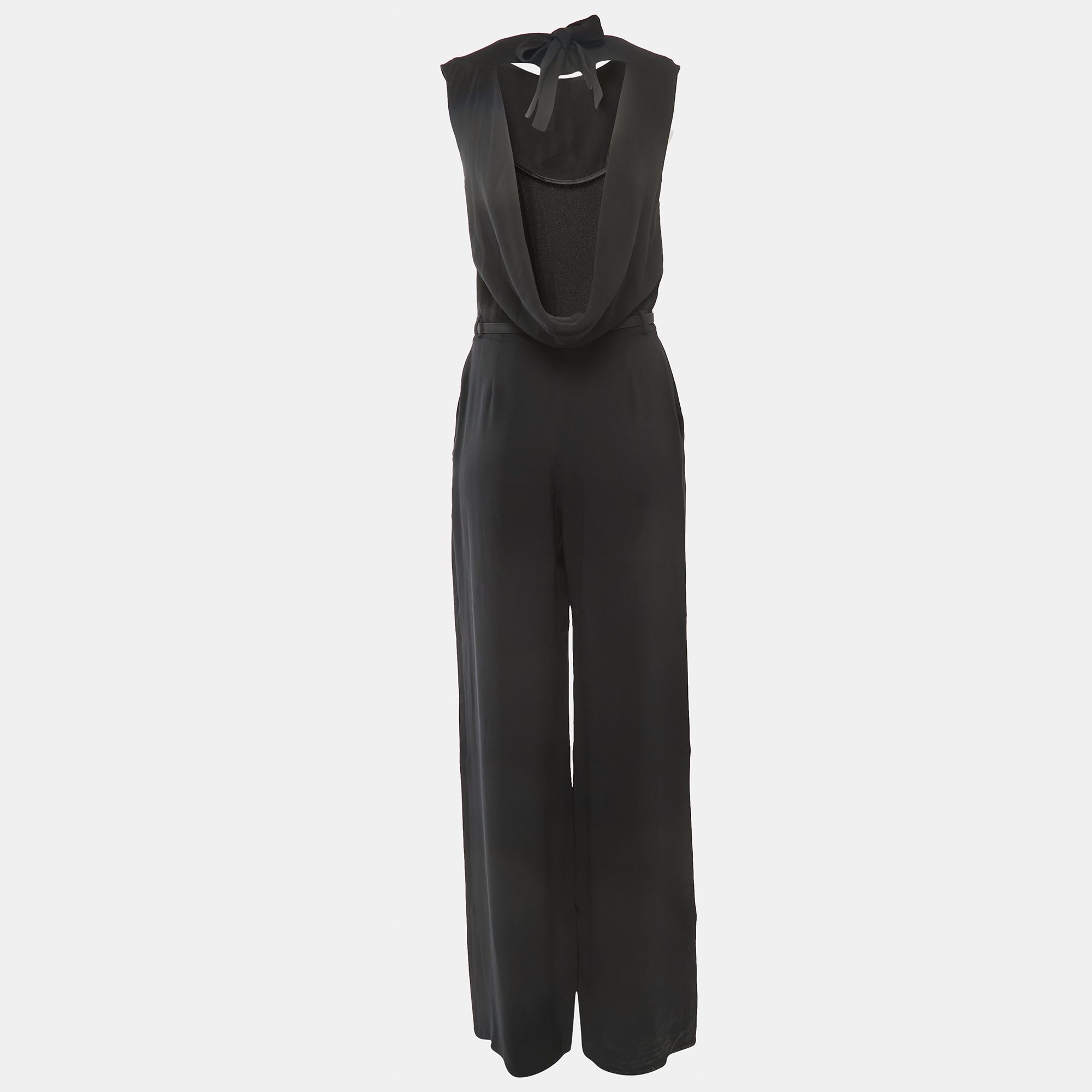 

Dior Black Silk Pleated Cowl Back Neck Sleeveless Belted Jumpsuit