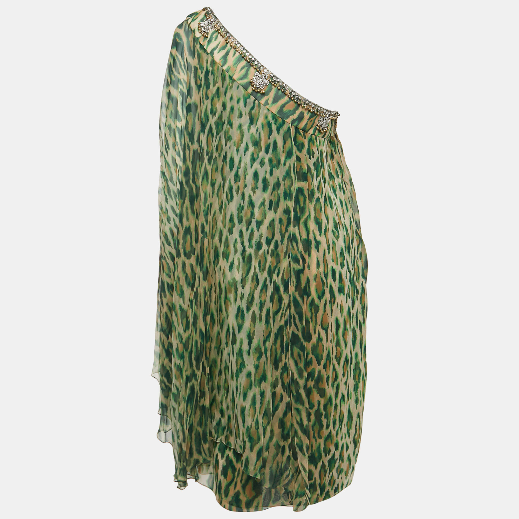 

Dior Green Leopard Print Embellished Silk One Shoulder Short Dress