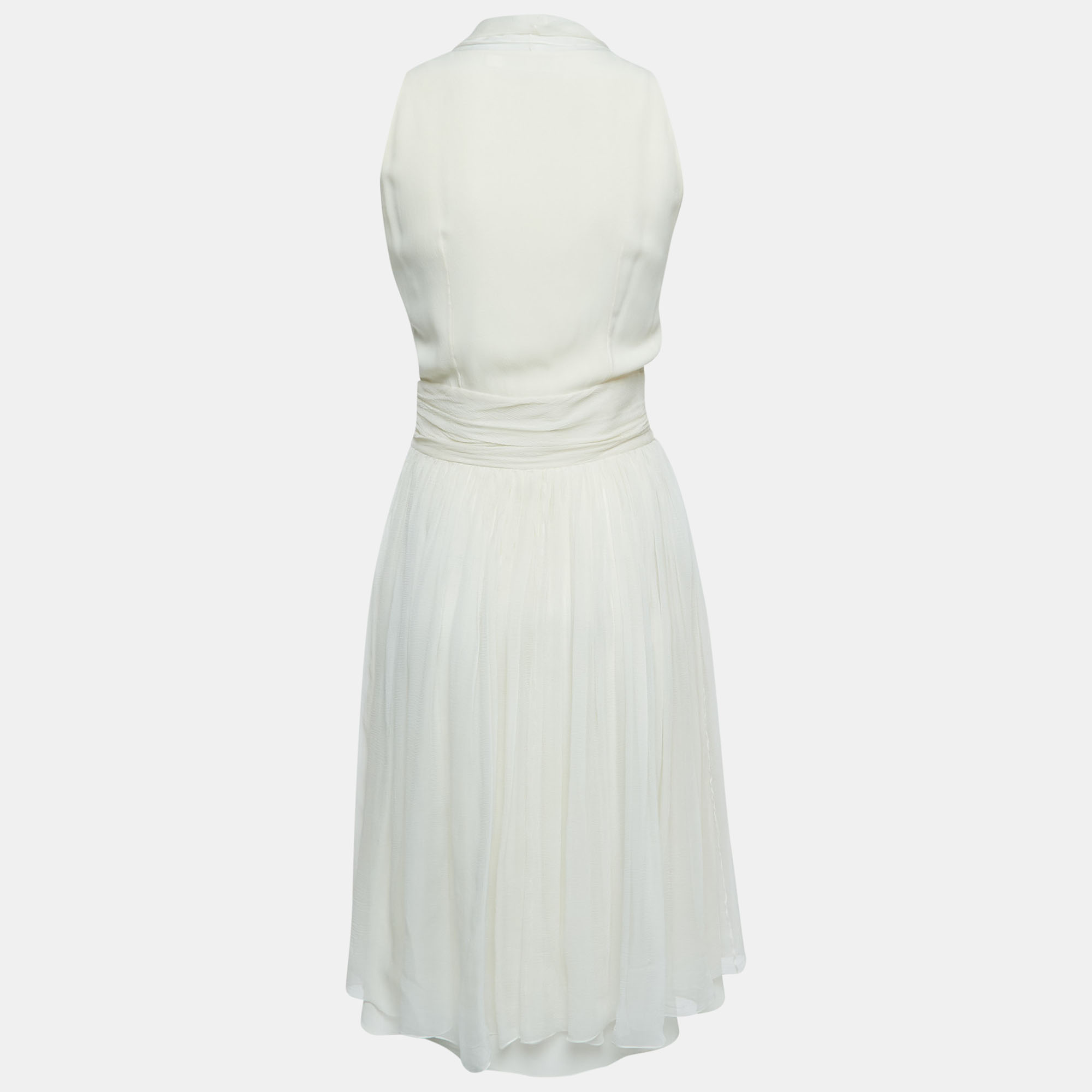

Dior Cream Silk Neck Tie Detail Gathered Sleeveless Short Dress