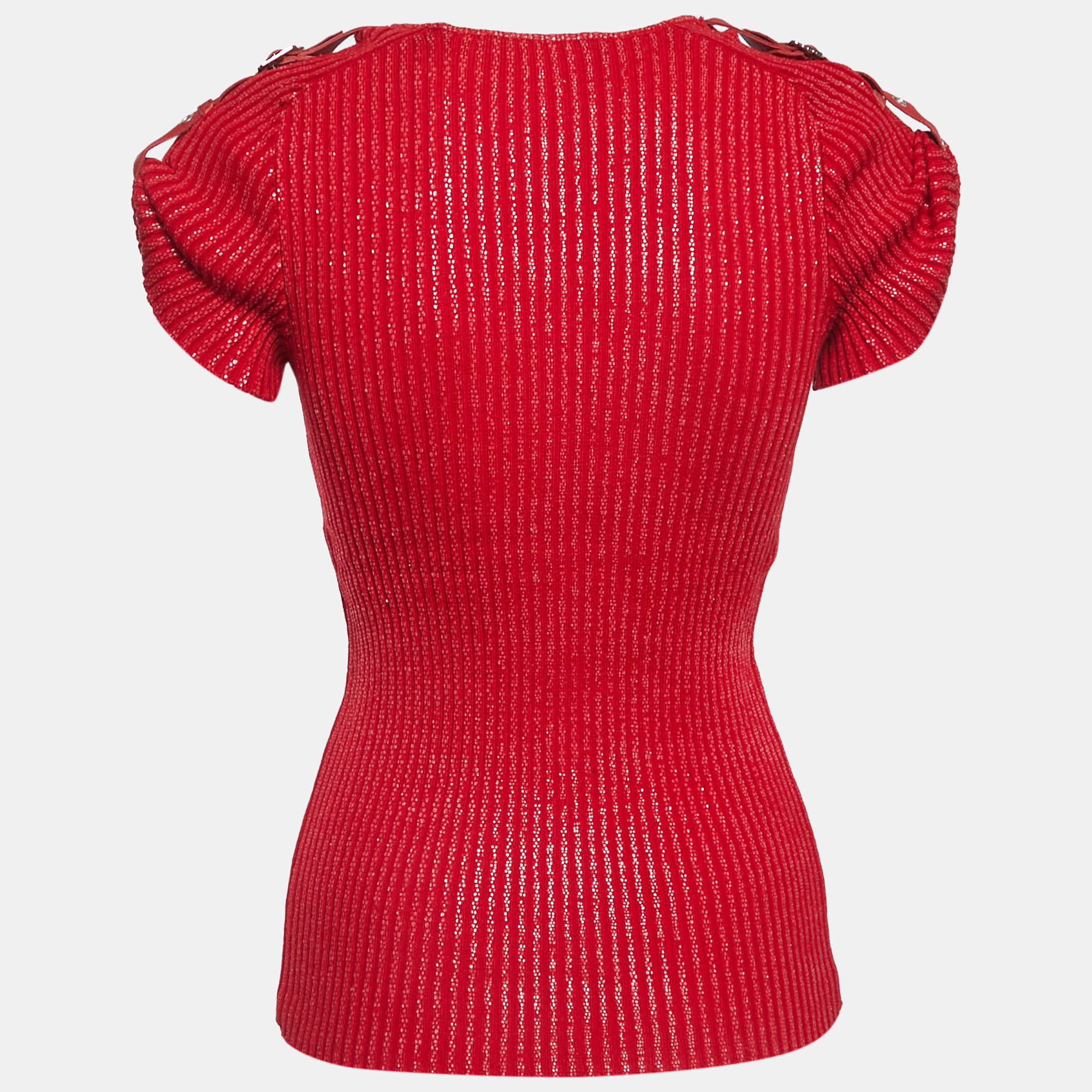 

Christian Dior Boutique Red Ribbed Knit Belt Detail Top