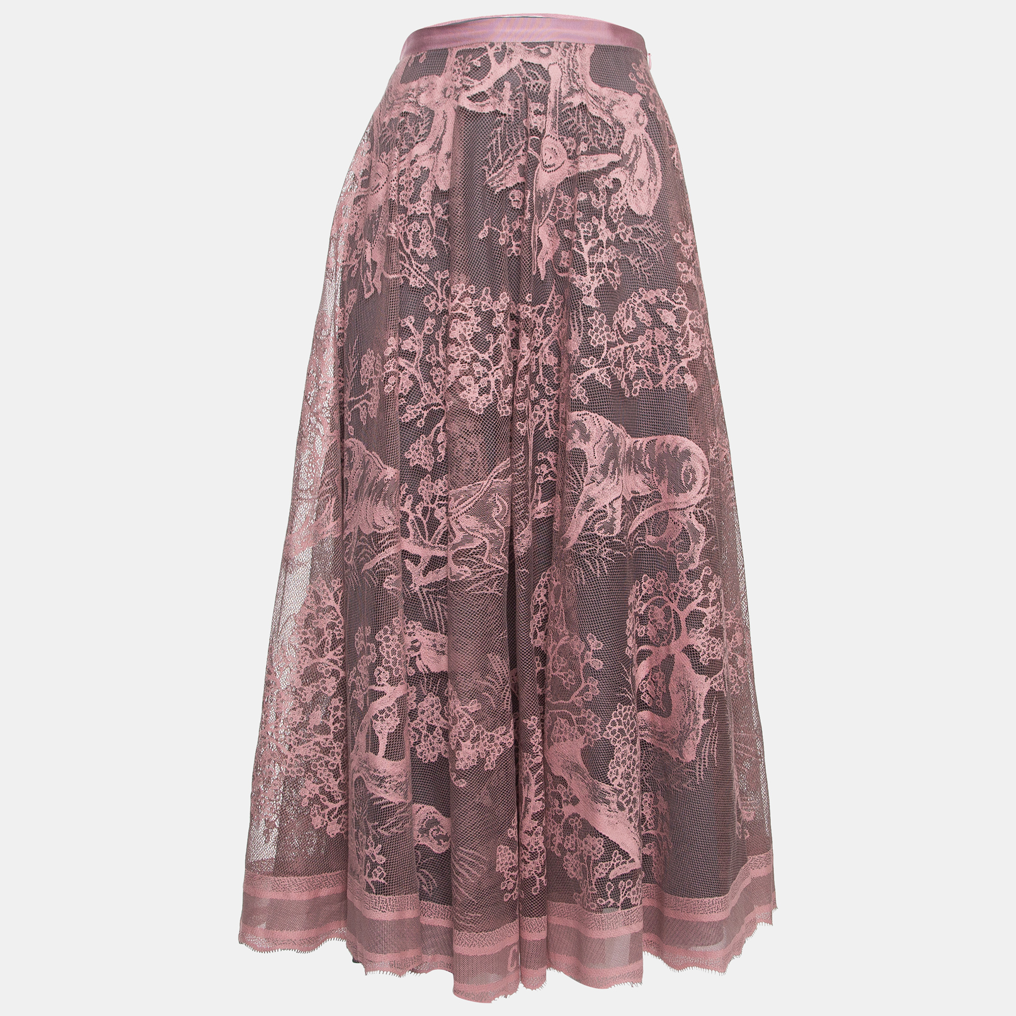 Pre Owned Dior Pink Patterned Lace Dioriviera Midi Skirt L
