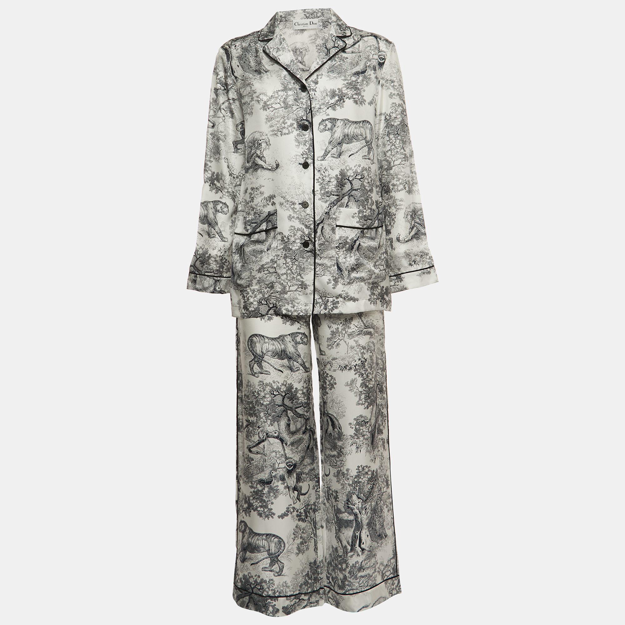 Pre Owned Christian Dior White/Navy Blue Animal Print Silk Pant & Top Set S