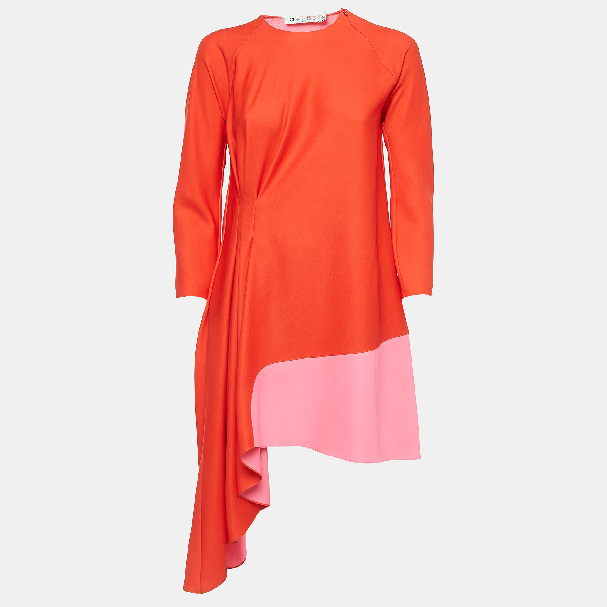 Dior Red/Pink Pleated Crepe Long Sleeve Asymmetrical Dress S