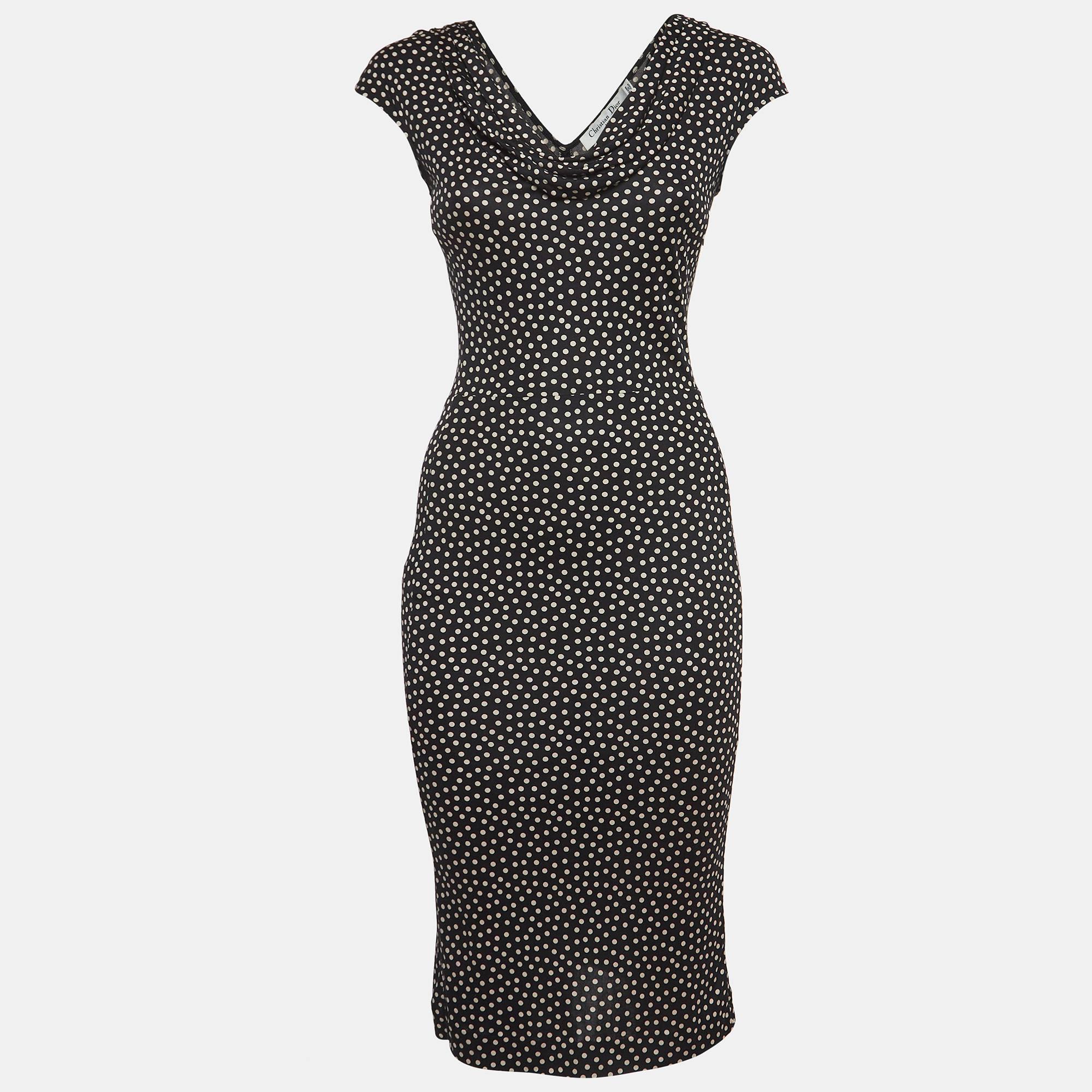 Pre-owned Dior Black Dotted Silk Knit Sleeveless Cowl Neck Midi Dress S