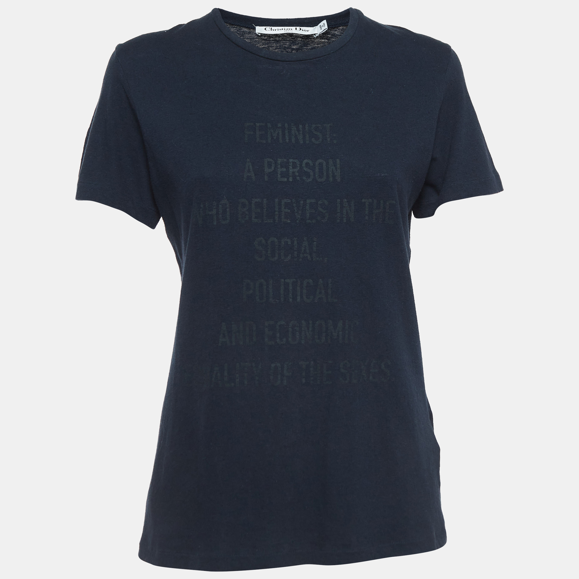 Pre-owned Dior Christian  Navy Blue Feminist Print Cotton Blend Half Sleeve T-shirt S