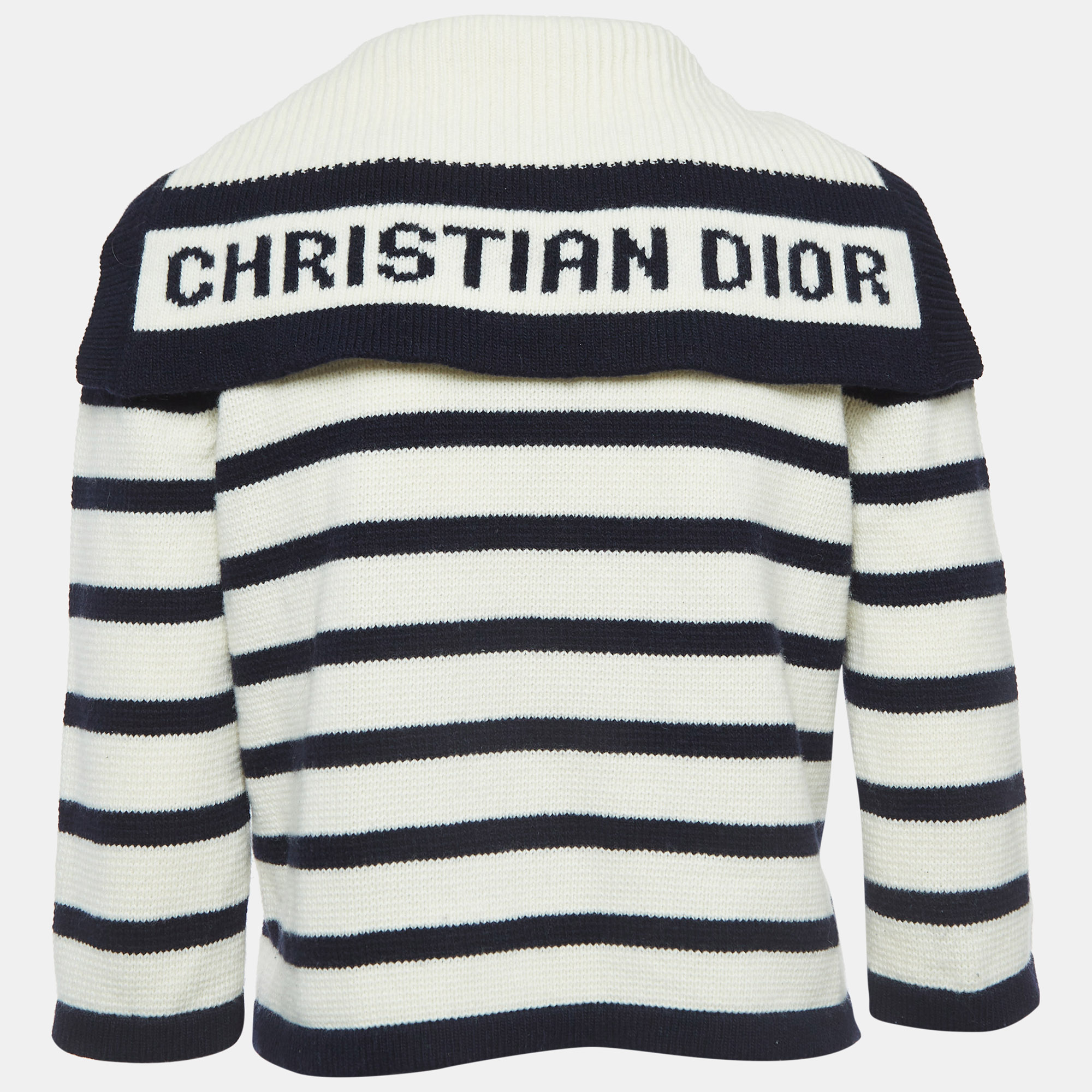 

Christian Dior Cream/Navy Blue Striped Knit Buttoned Cardigan