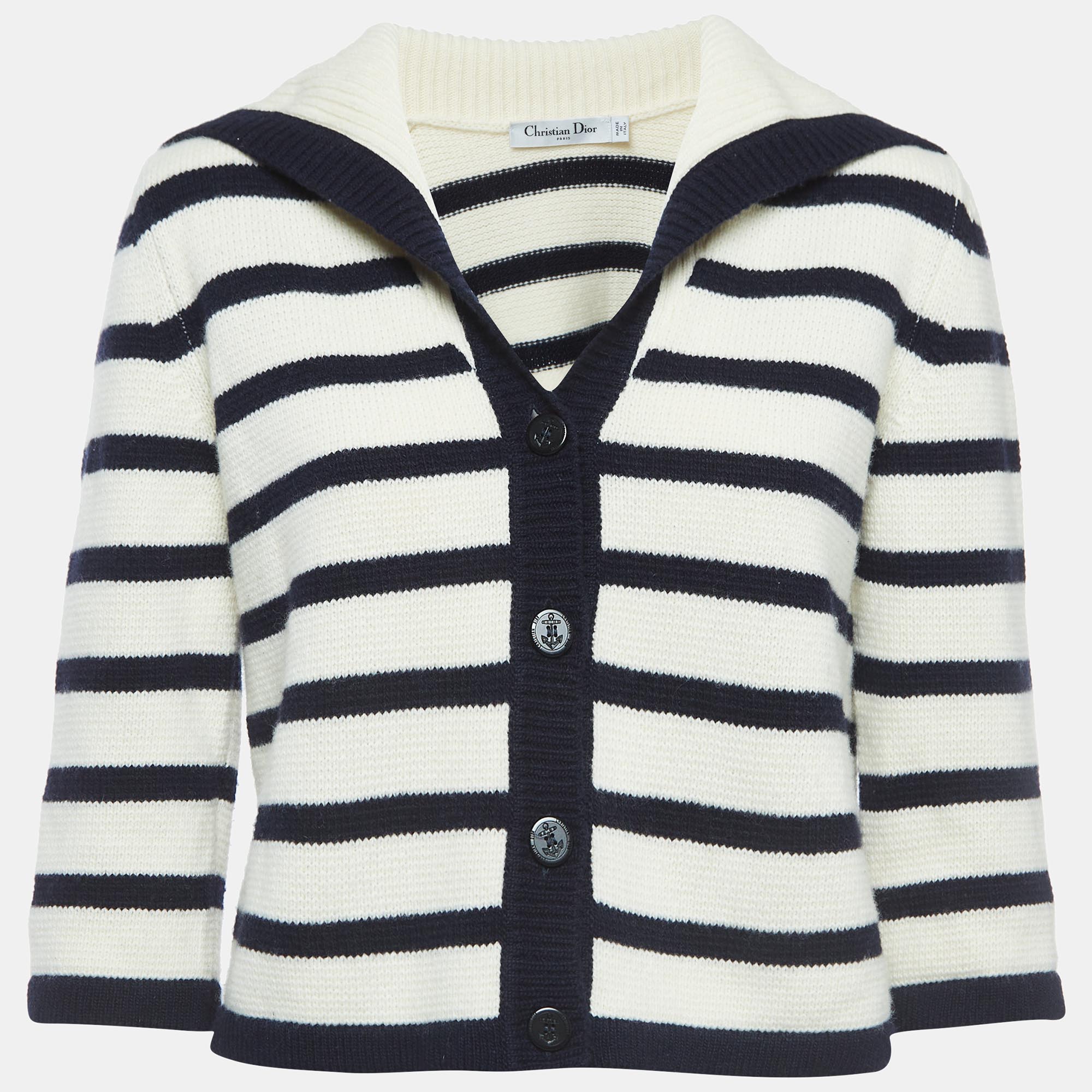 Pre Owned Christian Dior Cream/Navy Blue Striped Knit Buttoned Cardigan M