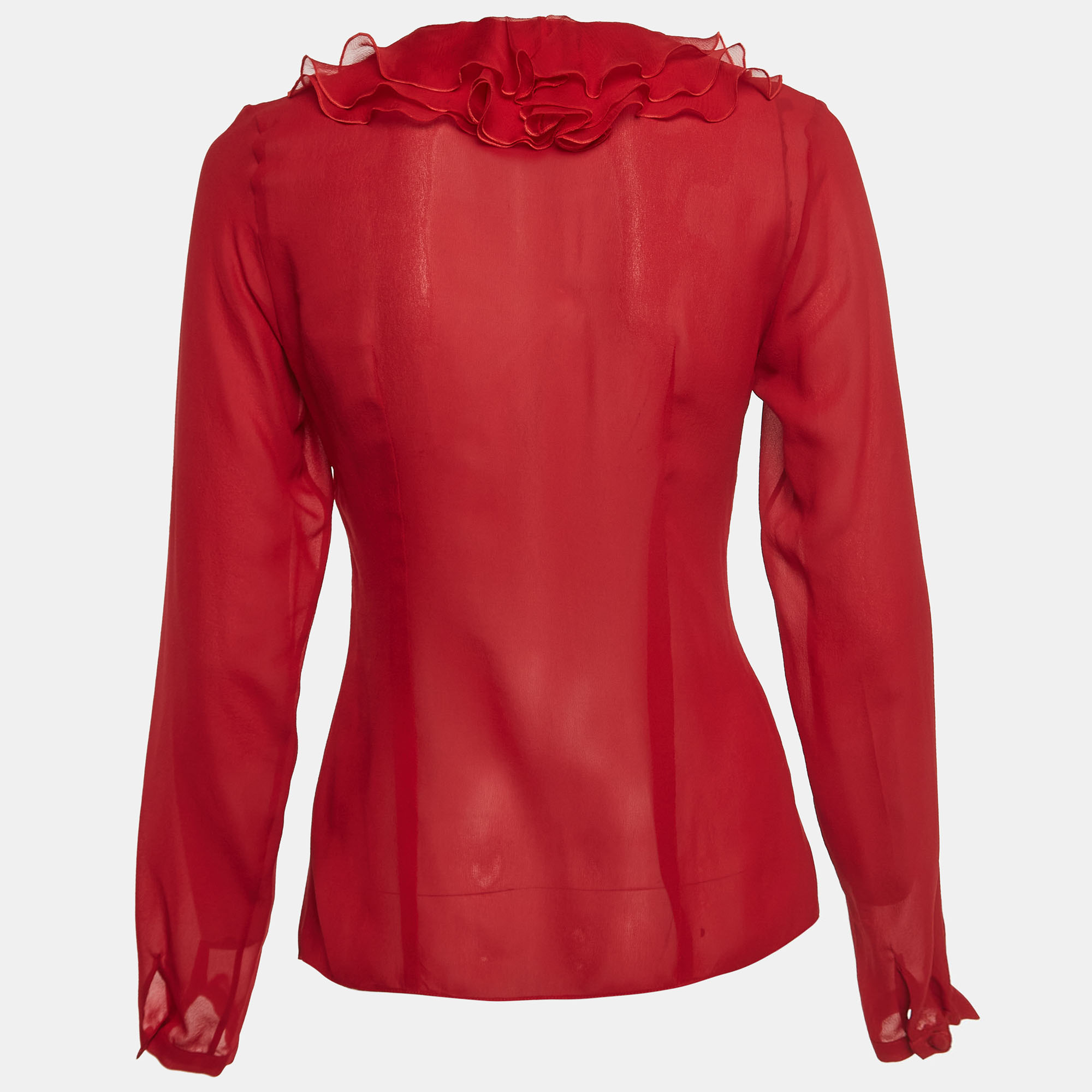 

Dior Red Silk Ruffled Semi Sheer Shirt