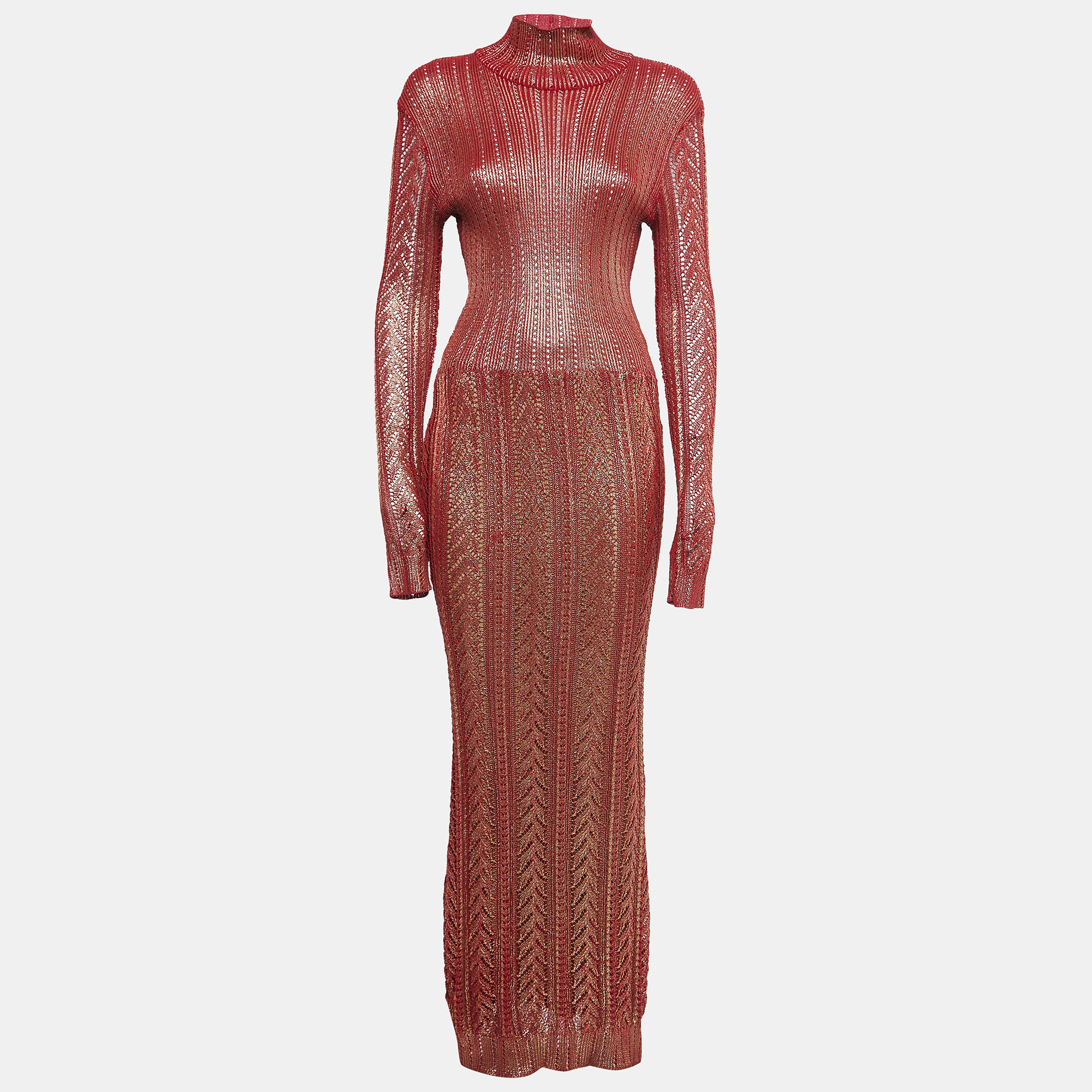 Christian Dior Boutique Red/Metallic Gold Effect Cable Knit Maxi Dress M