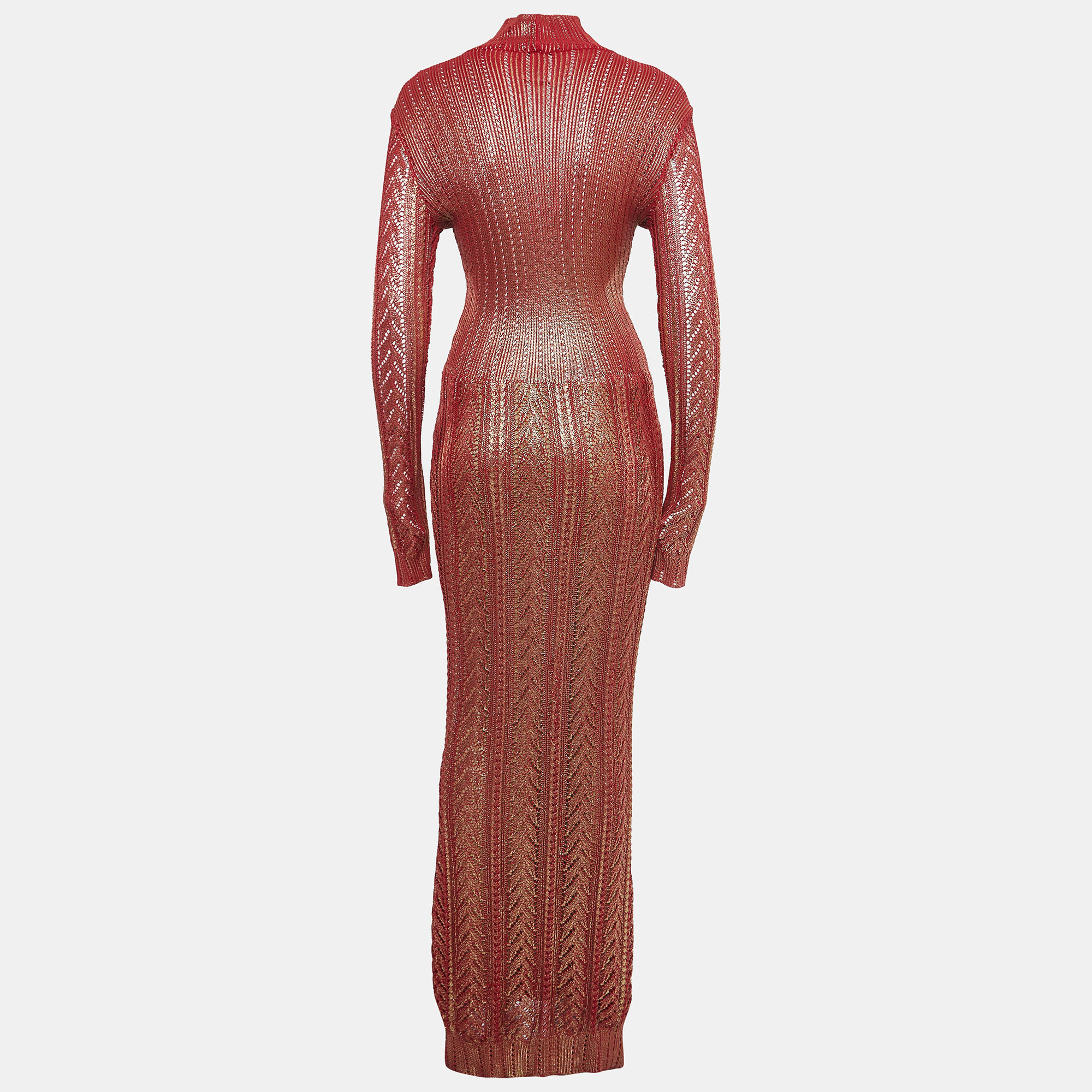 

Christian Dior Boutique Red/Metallic Gold Effect Cable Knit Maxi Dress
