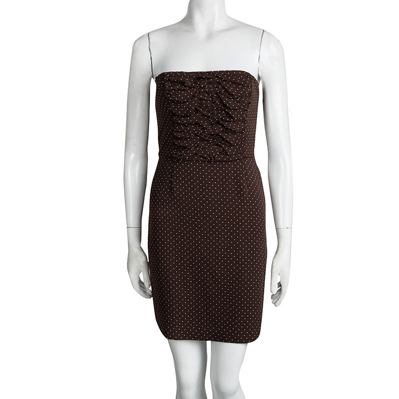 

Dior Brown Polka Dot Print Silk Ruched Panel Detail Strapless Dress