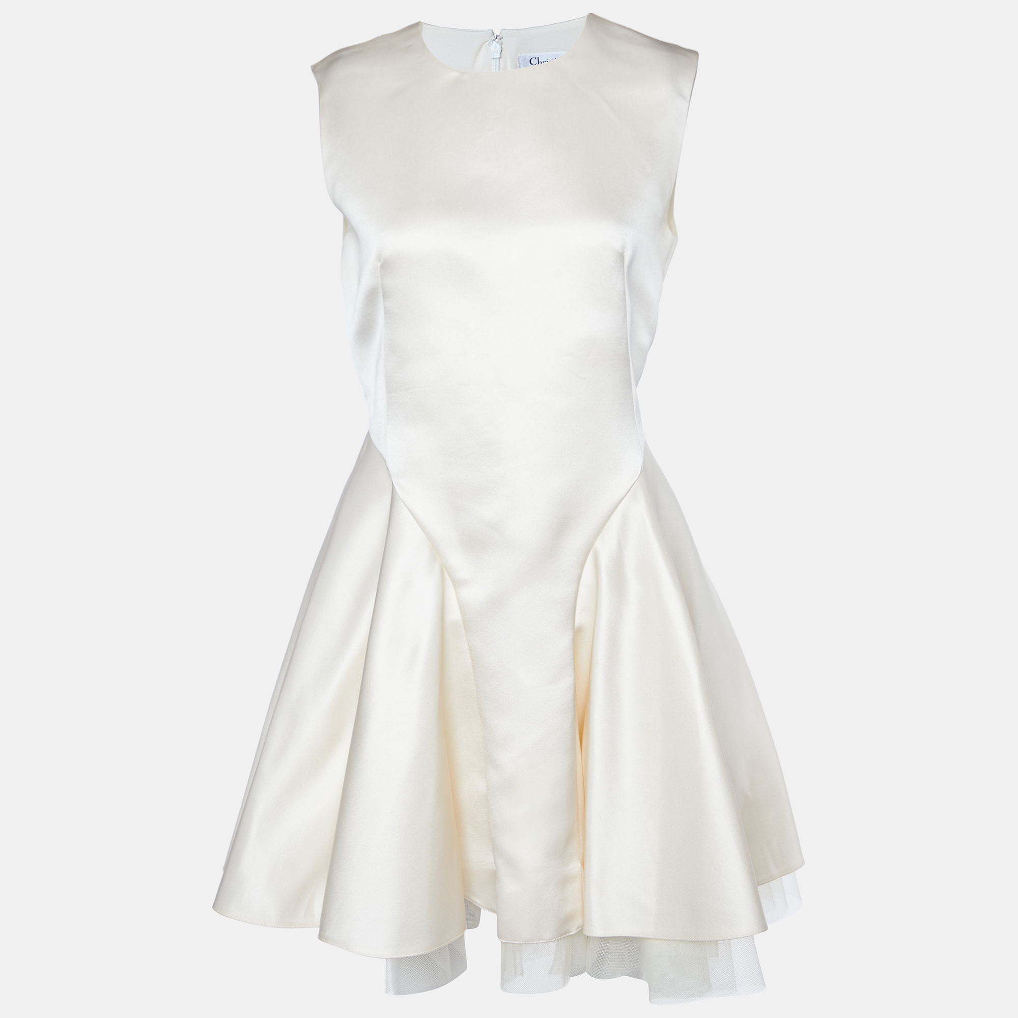 Dior Cream Silk Satin Mesh Trimmed Sleeveless Dress M