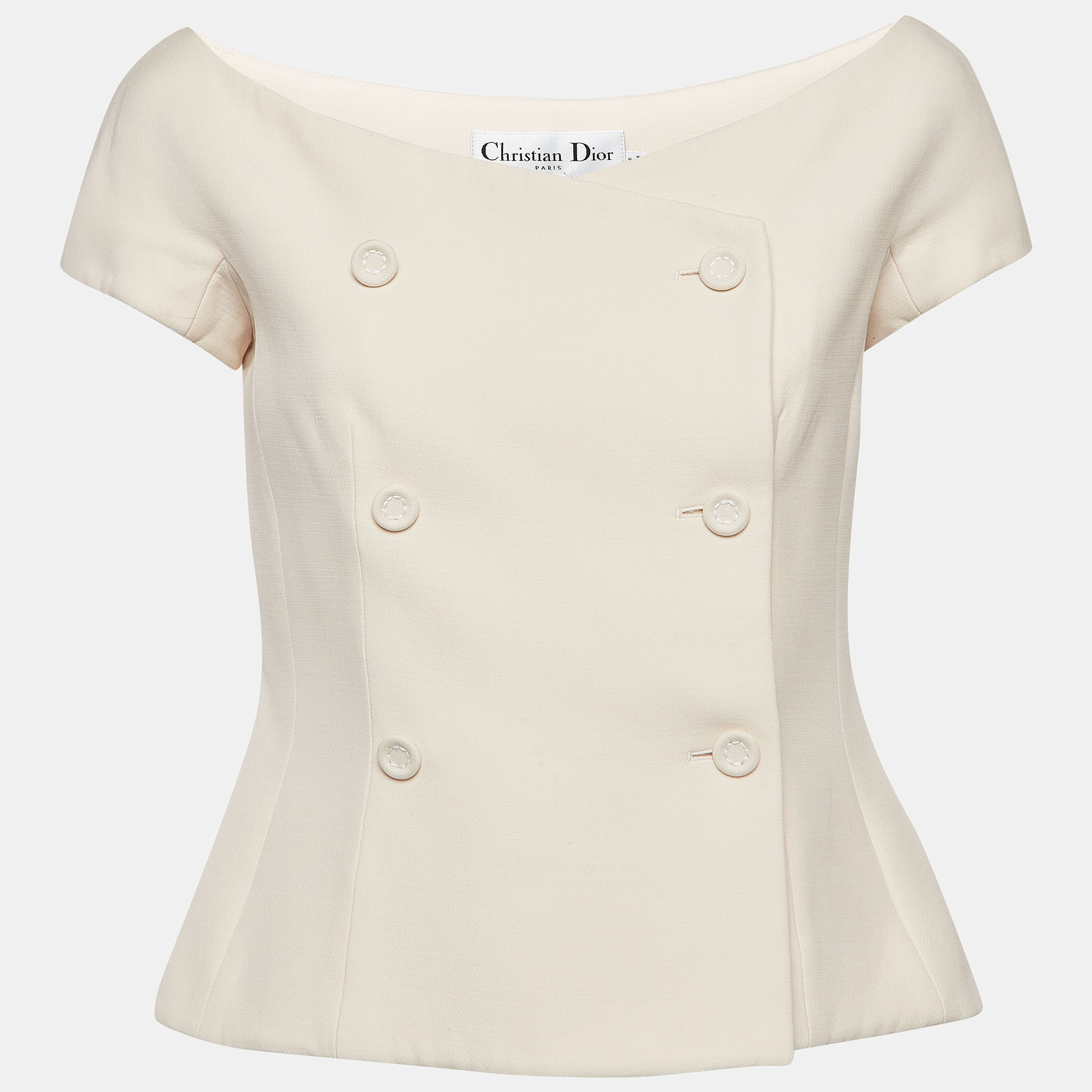 Pre Owned Christian Dior Cream Gabardine Double Breasted Off shoulder Top M