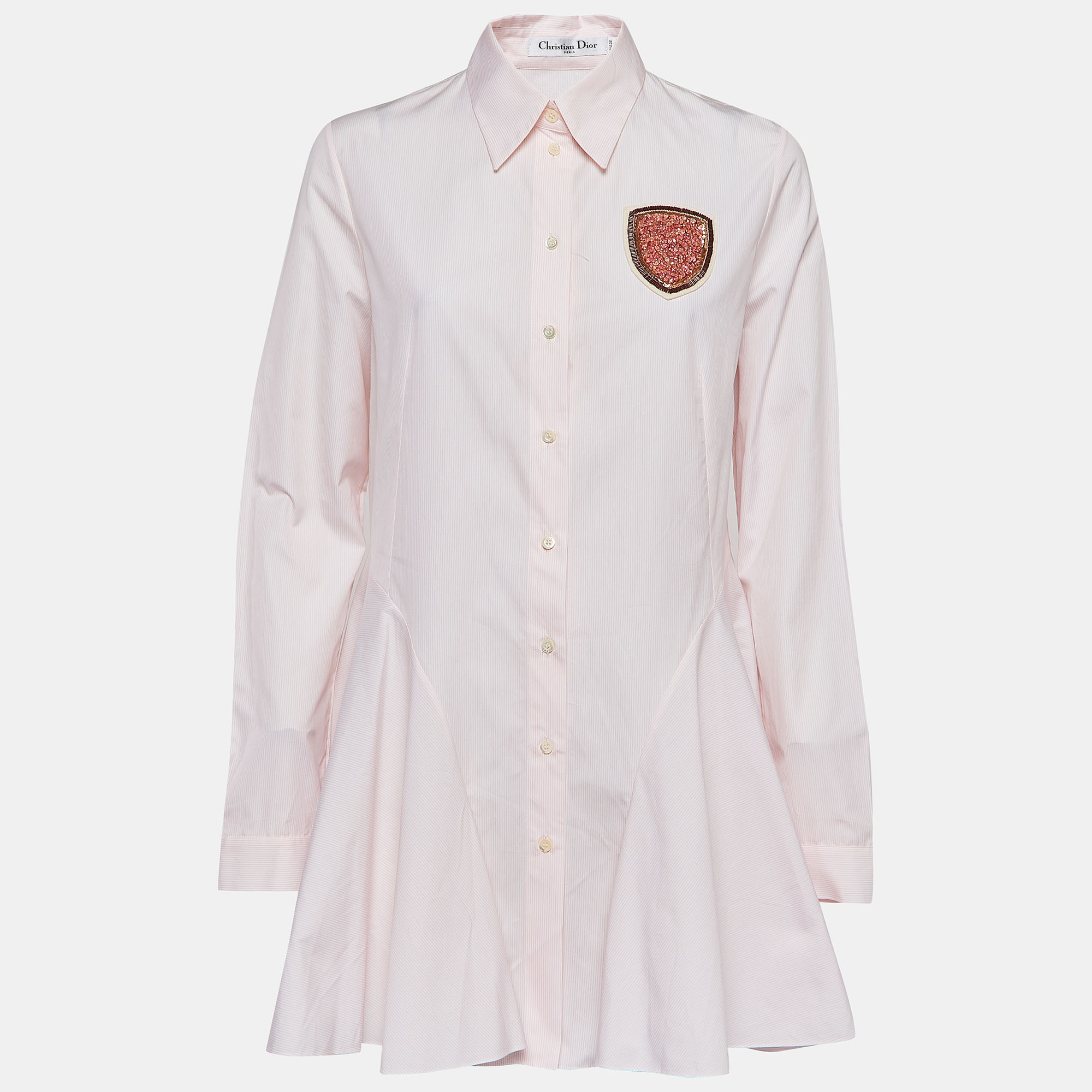 Pre-owned Dior Christian  Pinstripe Cotton Beads Applique Flared Mini Shirt Dress L In Pink
