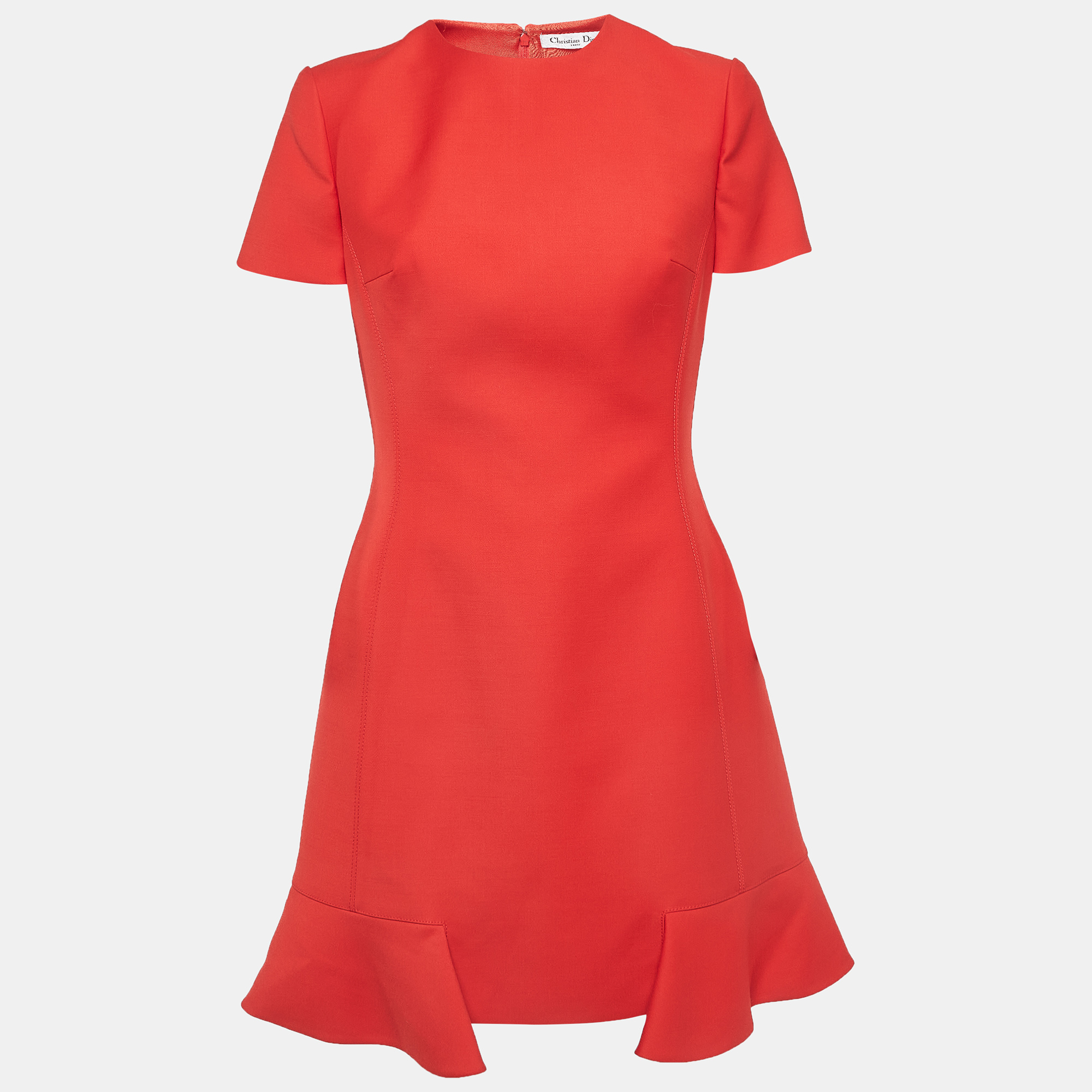 Pre-owned Dior Christian  Red Gabardine Flounce Sheath Dress M