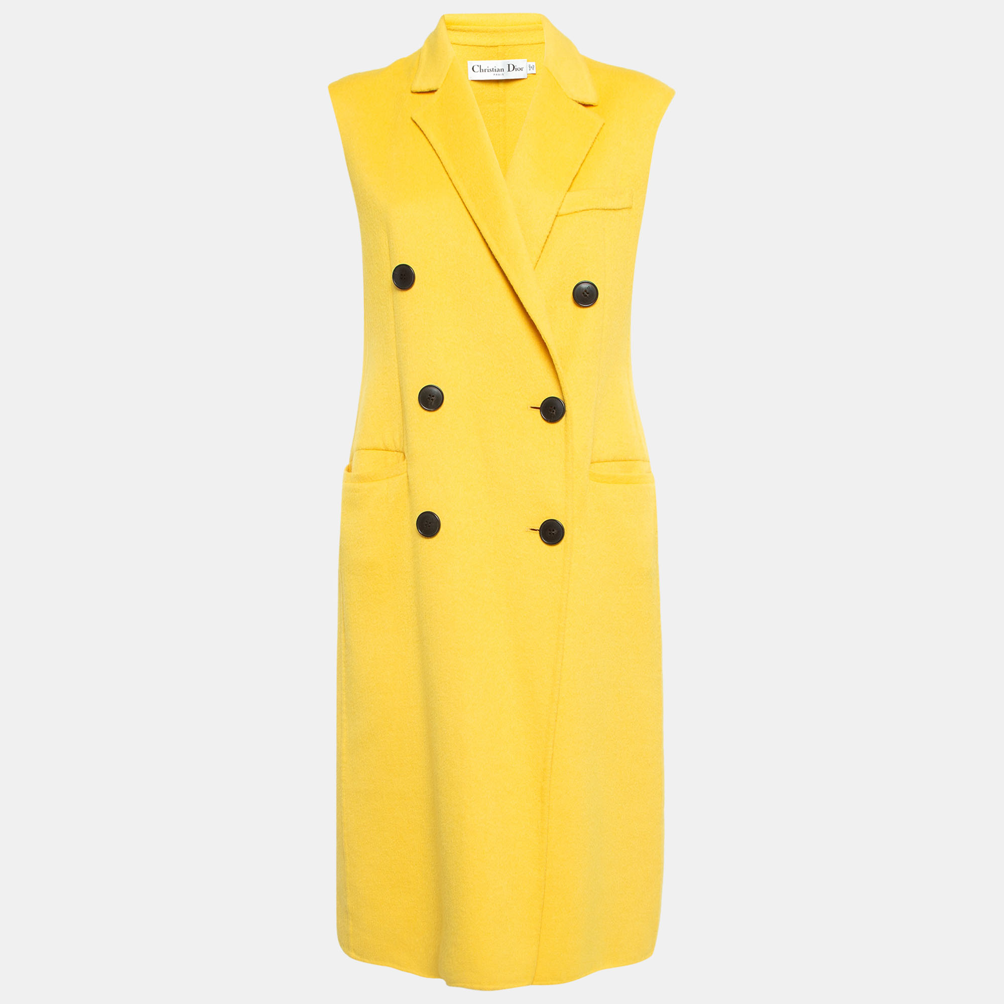 Pre-owned Dior Yellow Wool Blend Double Breasted Sleeveless Oversized Coat M
