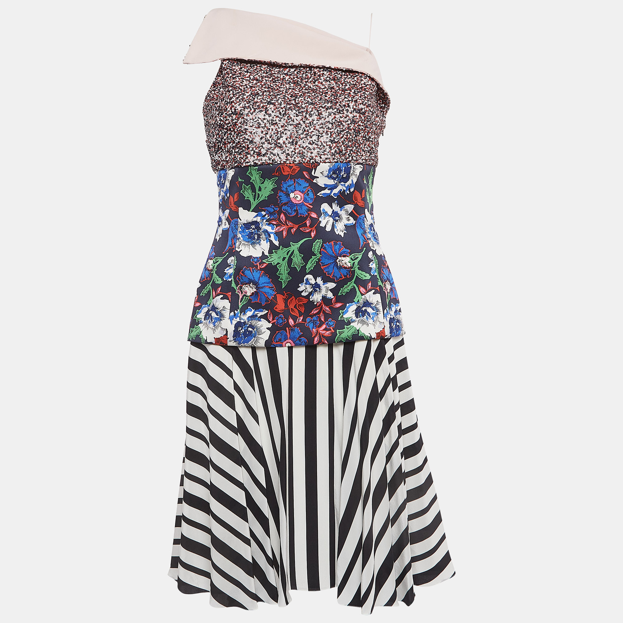 Pre-owned Dior Multicolor Printed Silk Sequin Embellished One Shoulder Tiered Dress M
