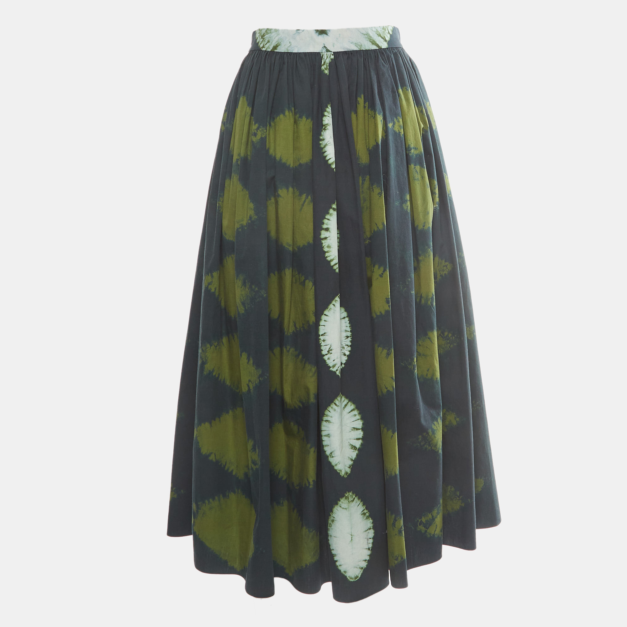 

Dior Green Tie Dye Print Cotton Gathered Midi Skirt