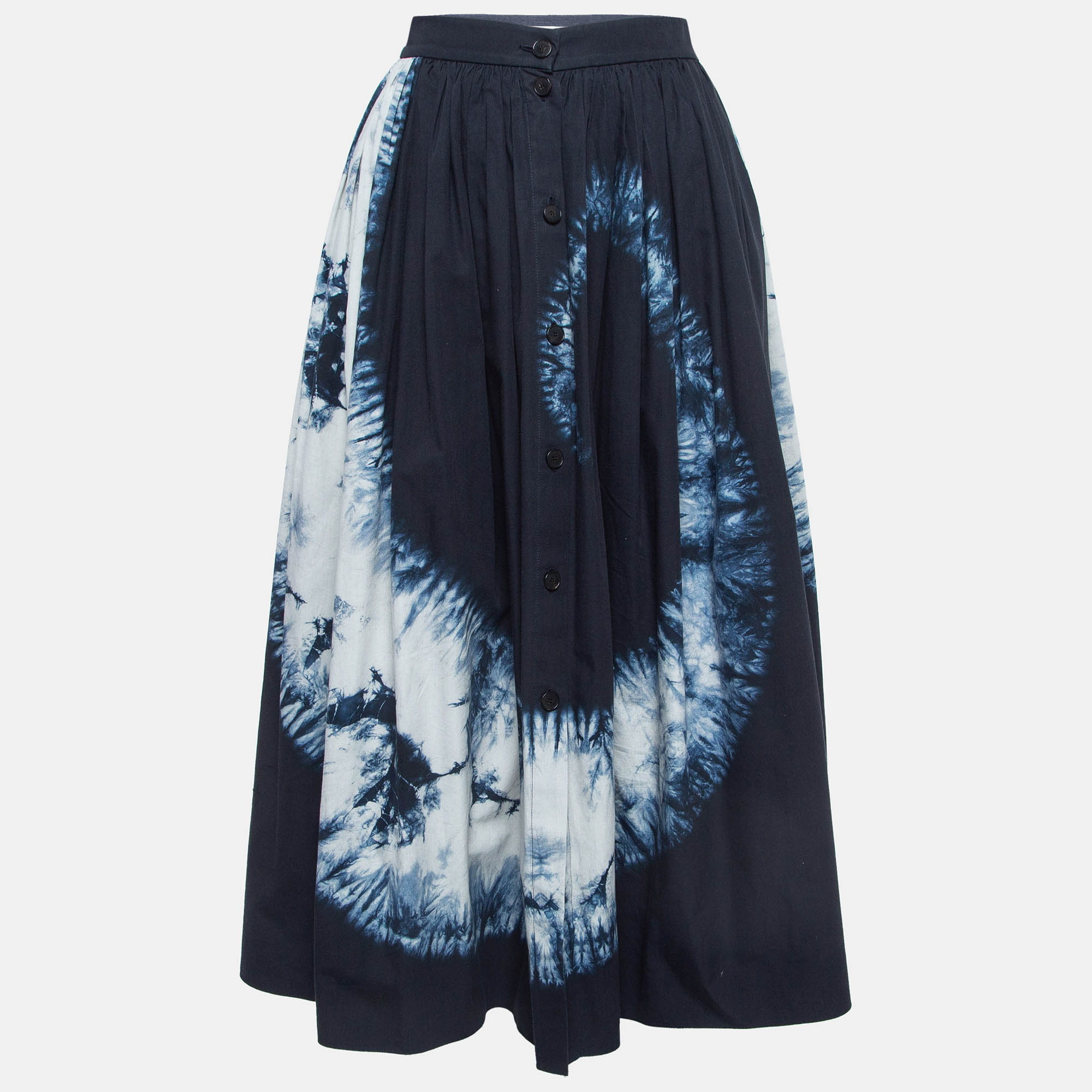 

Dior Navy Blue Tie-Dye Printed Cotton Buttoned Midi Skirt