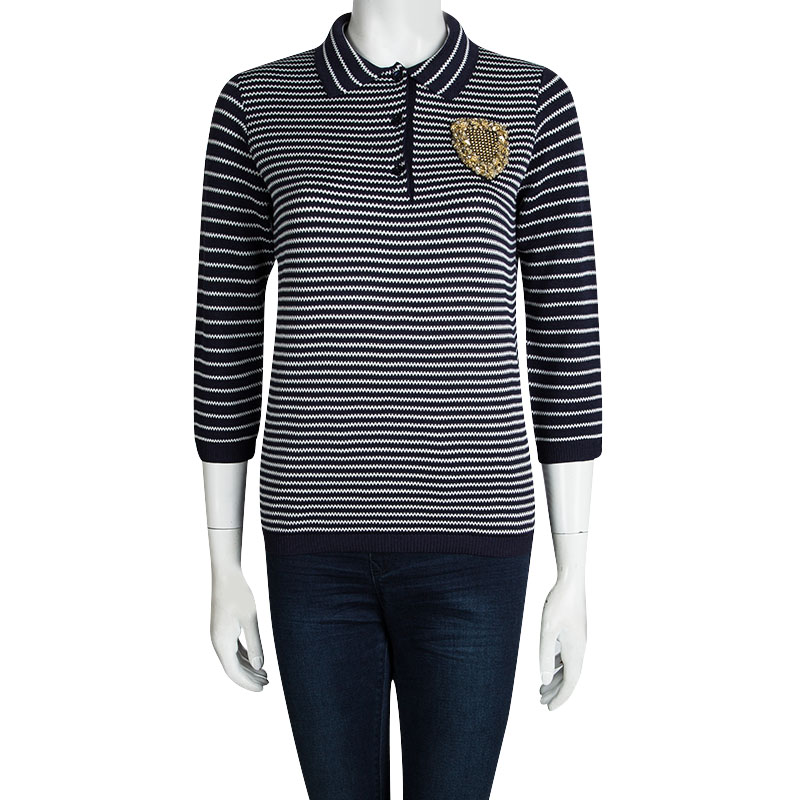 

Dior Navy Blue Striped Knit Embellished Long Sleeve Top