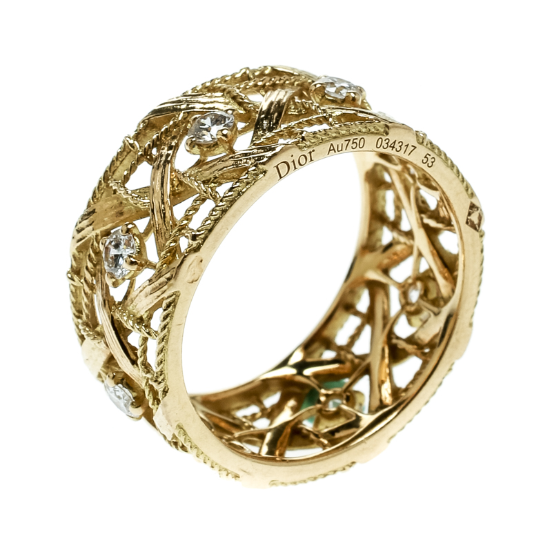 Dior My Dior Diamond 18k Yellow Gold Large Openwork Band Ring Size 53