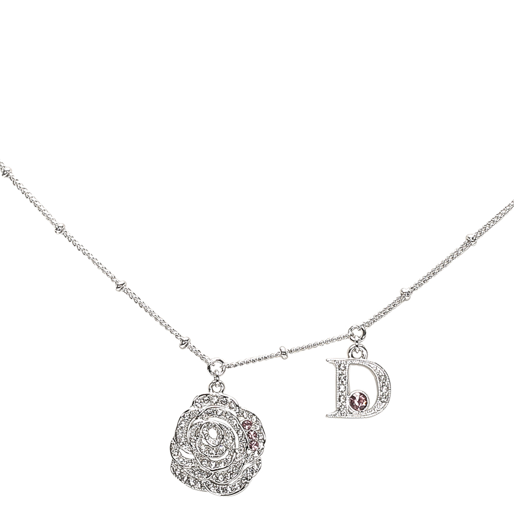 

Dior Rose Logo Rhinestone Necklace, Silver