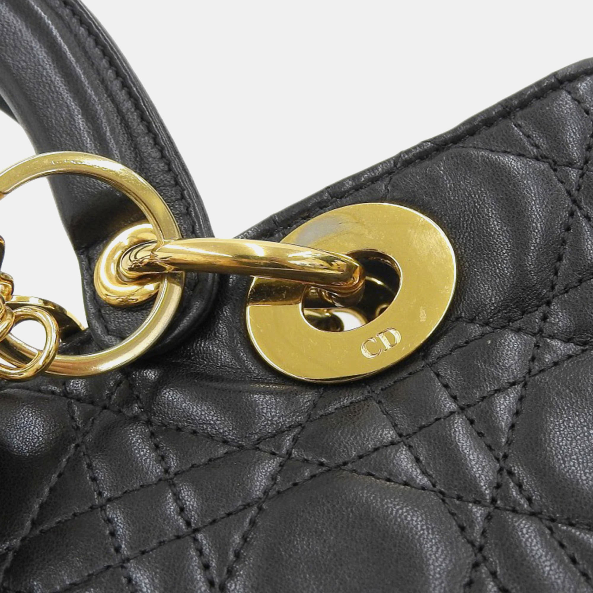 Dior Black Leather Medium Lady Dior Top Handle Bags 