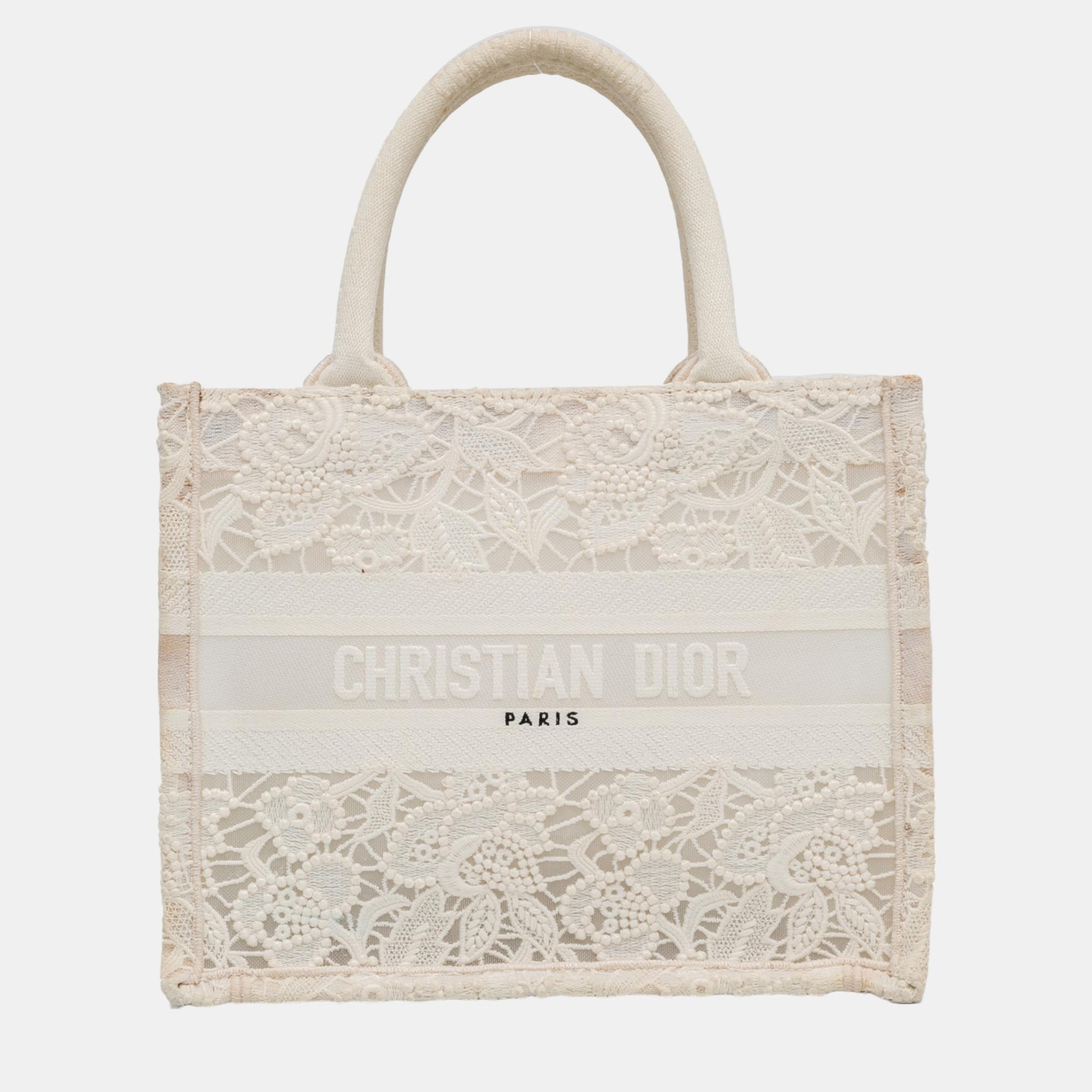 

Dior White Small D-Lace Embroidery Book Tote