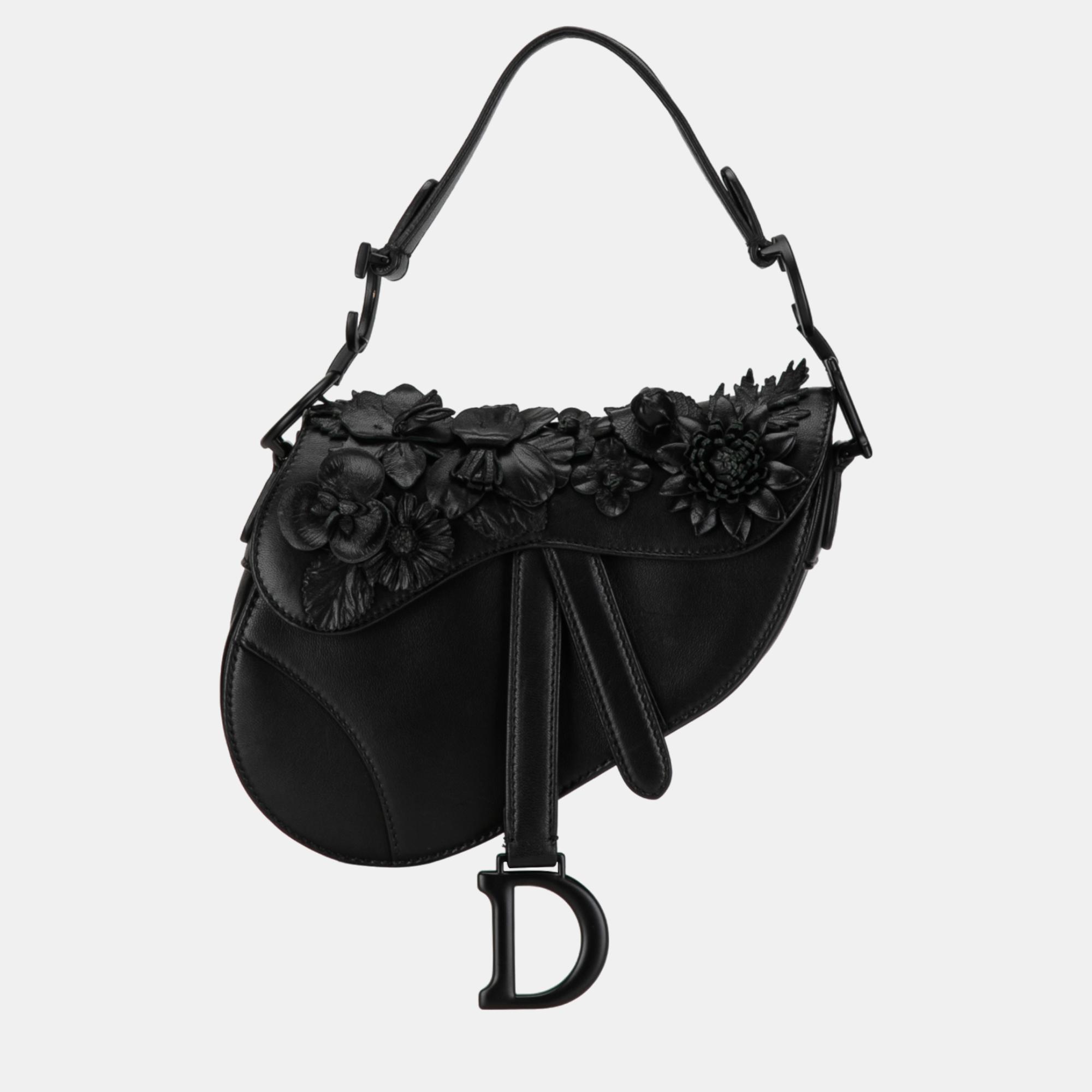 

Dior Black Mini Lambskin Floral Applique Saddle