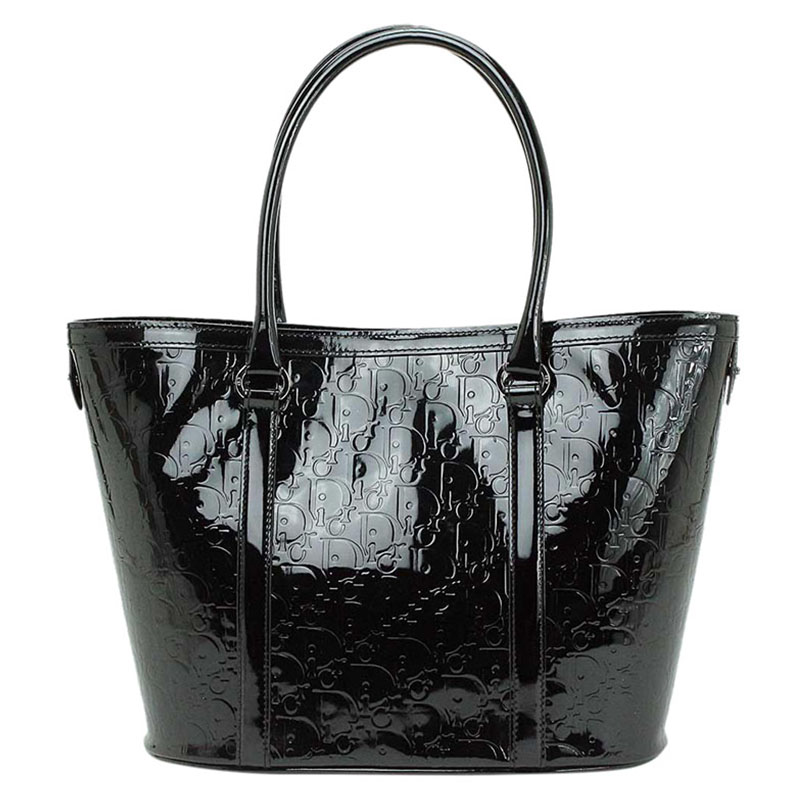 Pre Owned Dior Black Monogram Patent Shopper Tote