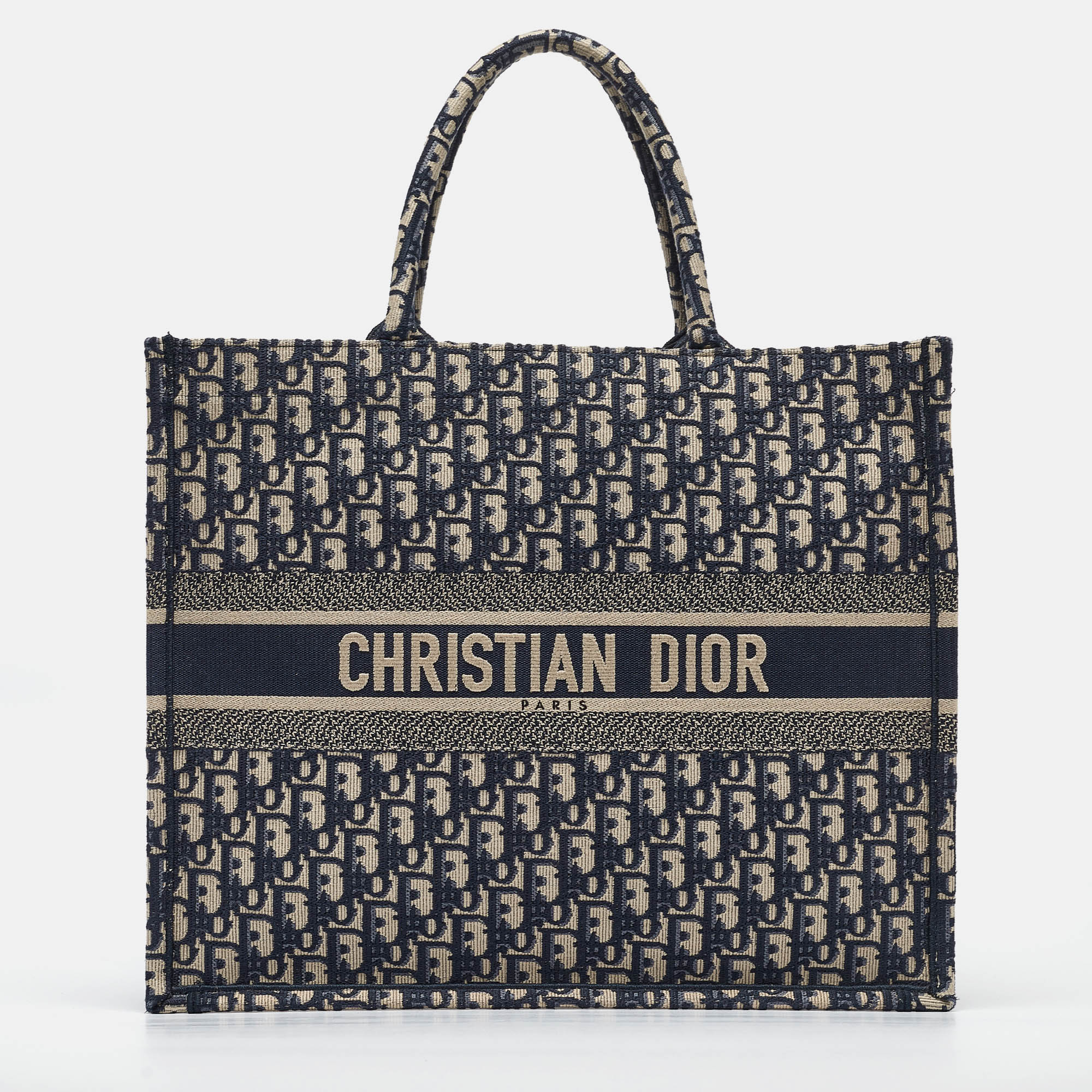 Pre-owned Dior Navy Blue Oblique Embroidered Canvas Large Book Tote