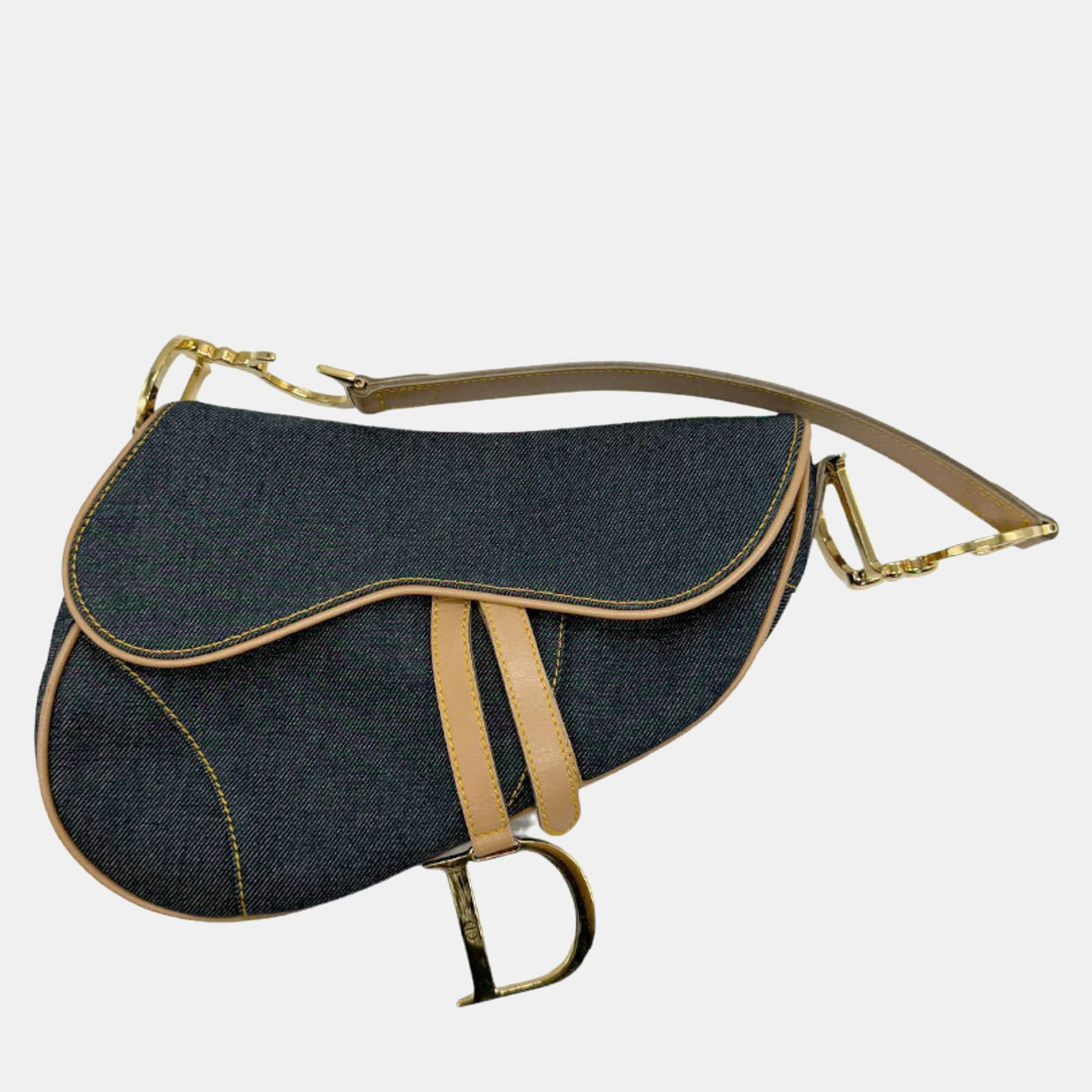 Pre-owned Dior Navy/beige Denim Saddle Shoulder Bags In Black