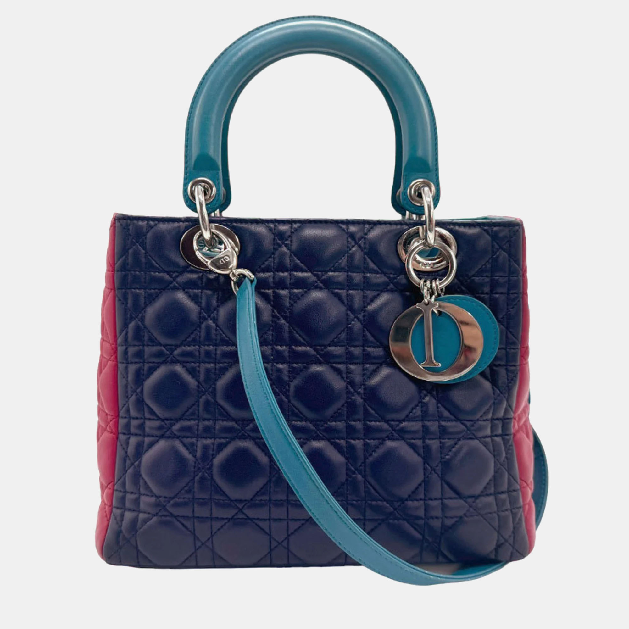 

Dior Navy Blue/Pink/Turquoise Leather  Lady Dior Top Handle Bags