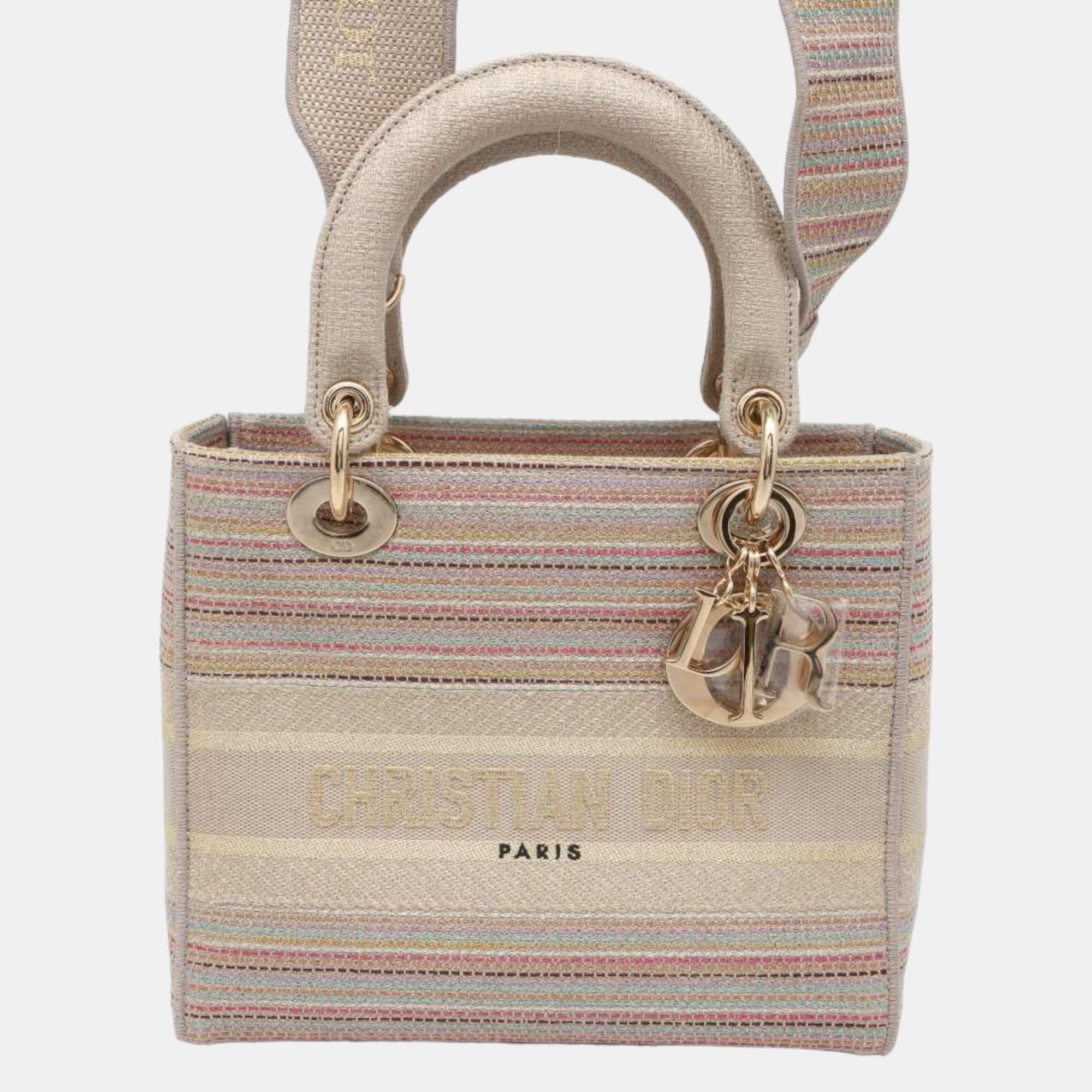 Pre-owned Dior Beige/multicolor Canvas Lady D-lite Medium Bag