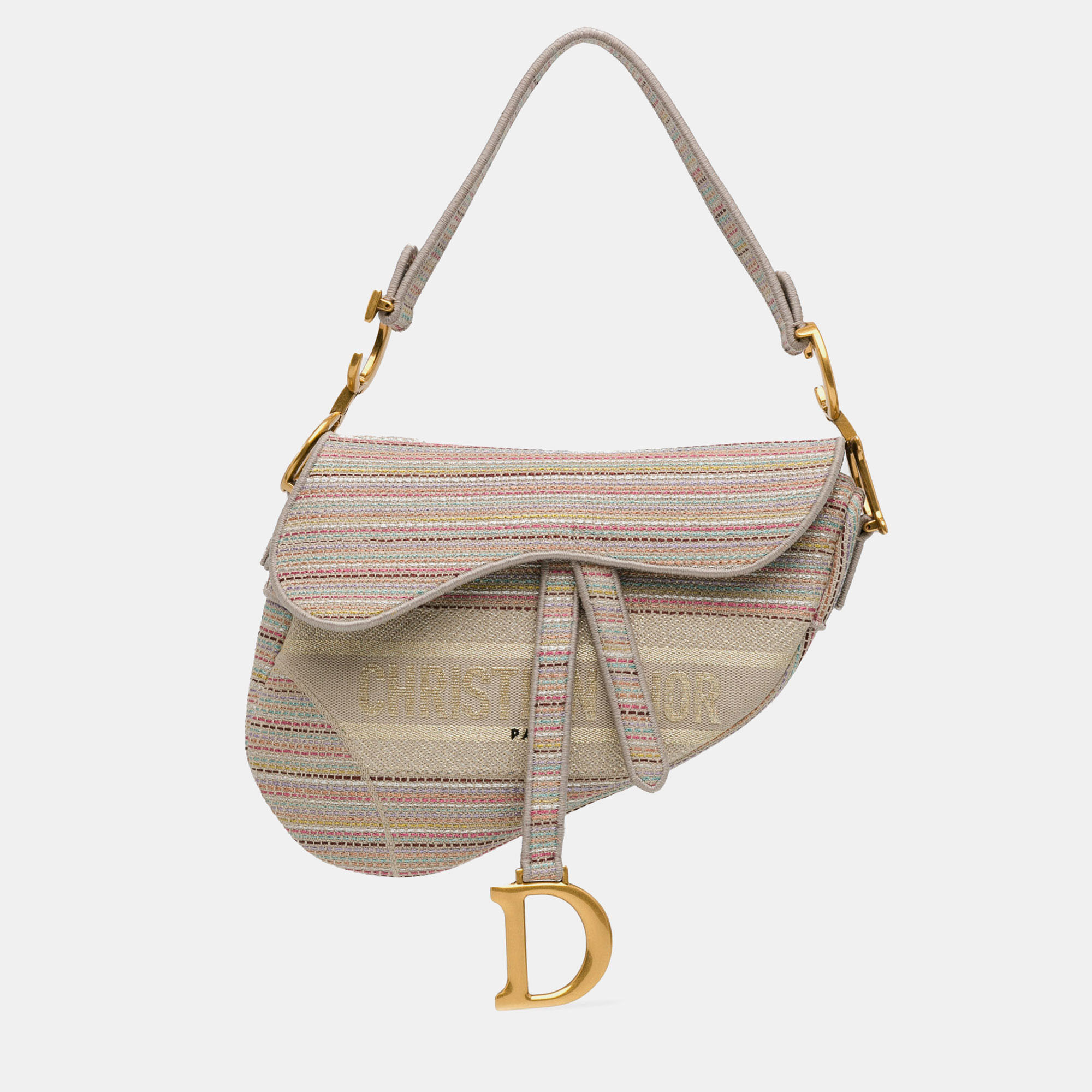 

Dior Embroidered Canvas Stripes Saddle Bag, Pink