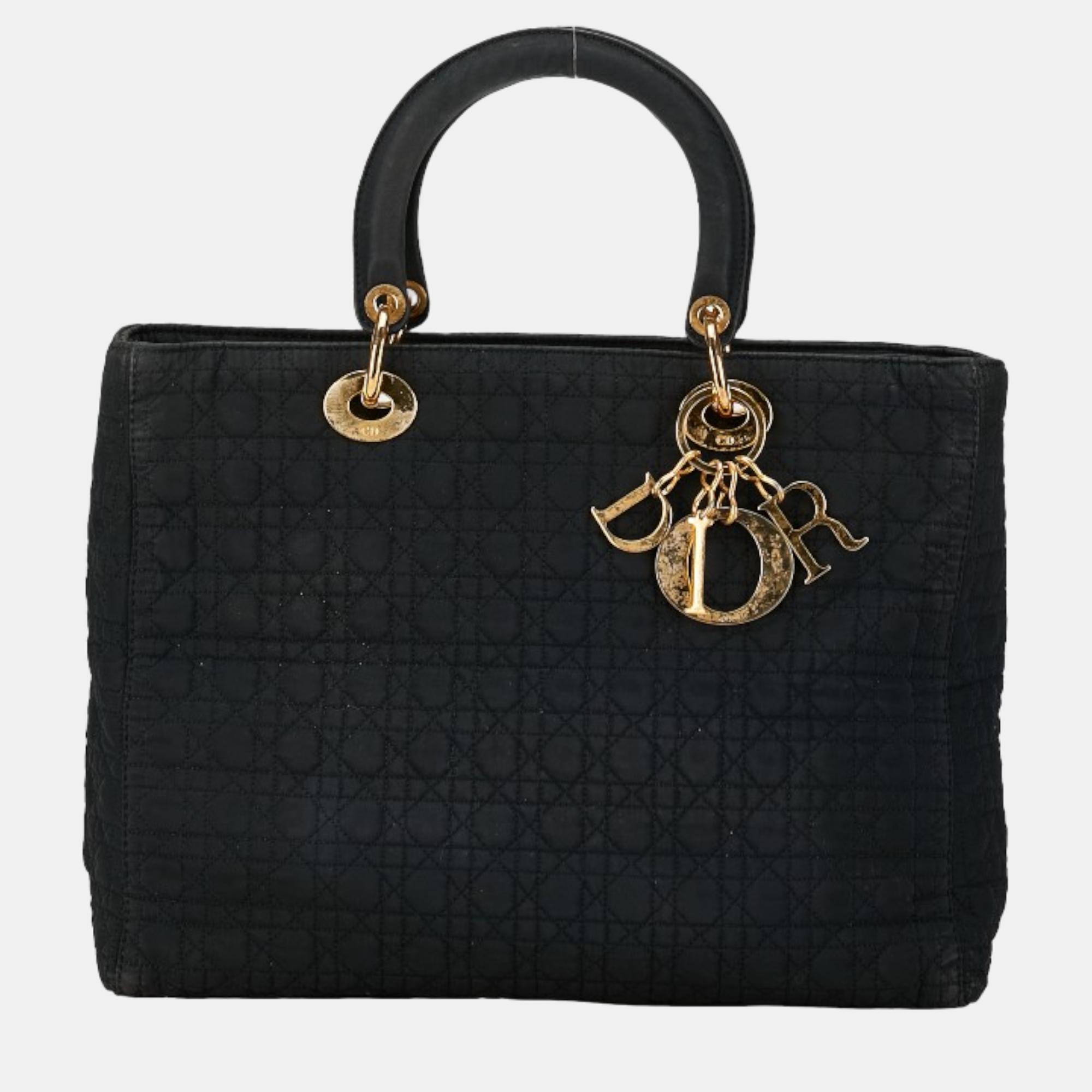 

Dior Black Fabric Micro Cannage Large Lady Dior Top Handle Bag
