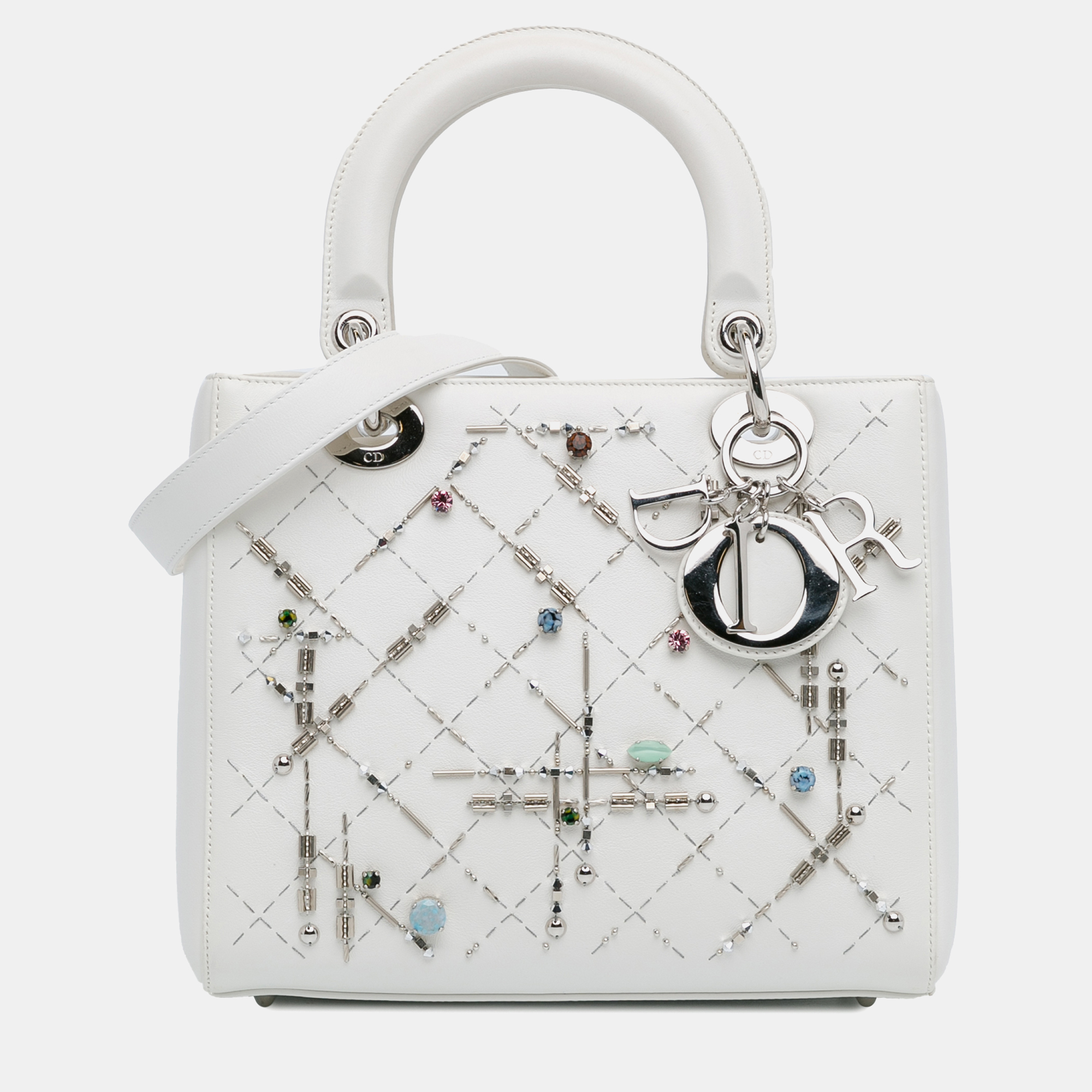 

Dior Medium Calfskin Beads And Rhinestone Embellished Lady Dior, White