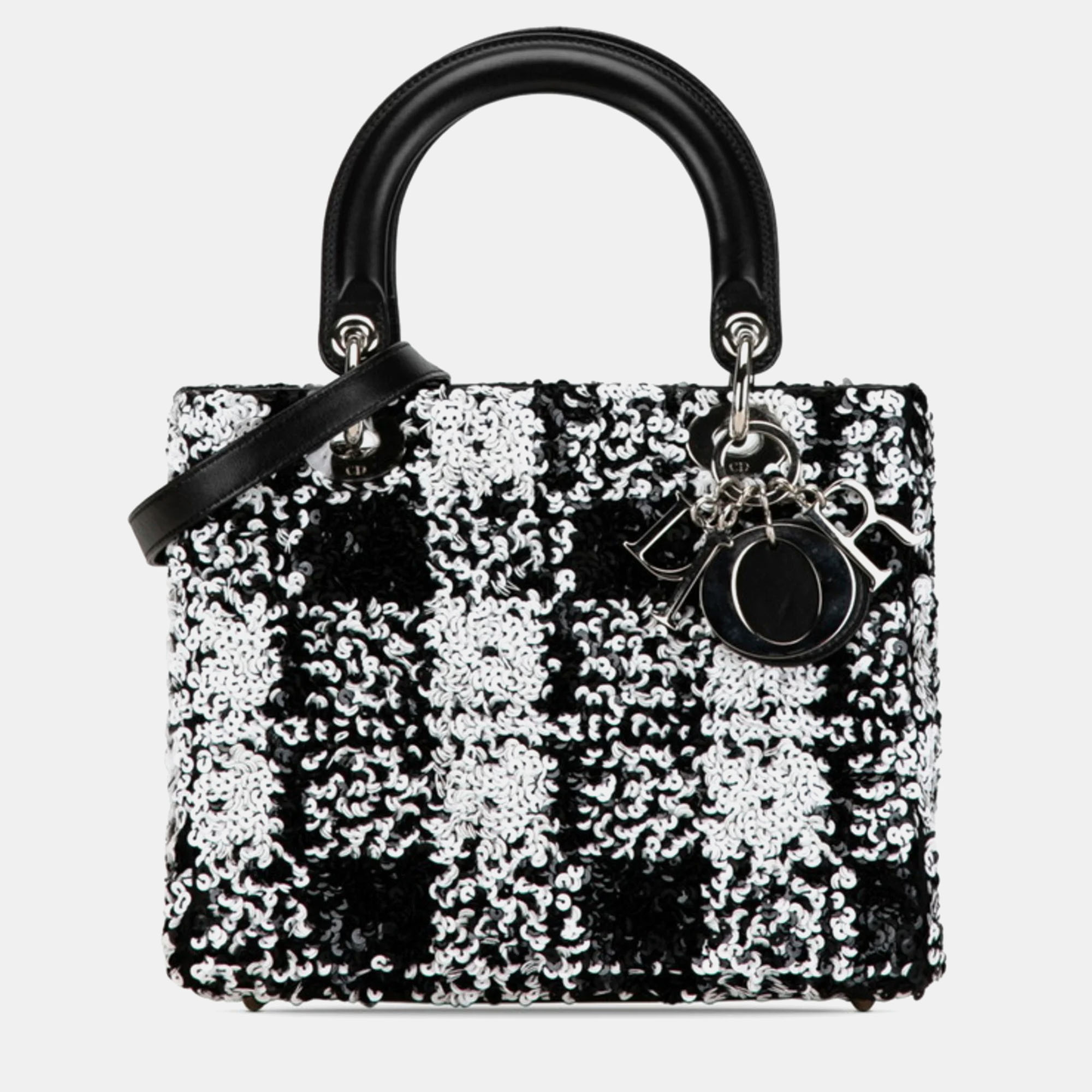 

Dior Black/White Lambskin Sequin Embellished Medium Lady Dior Tote Bag