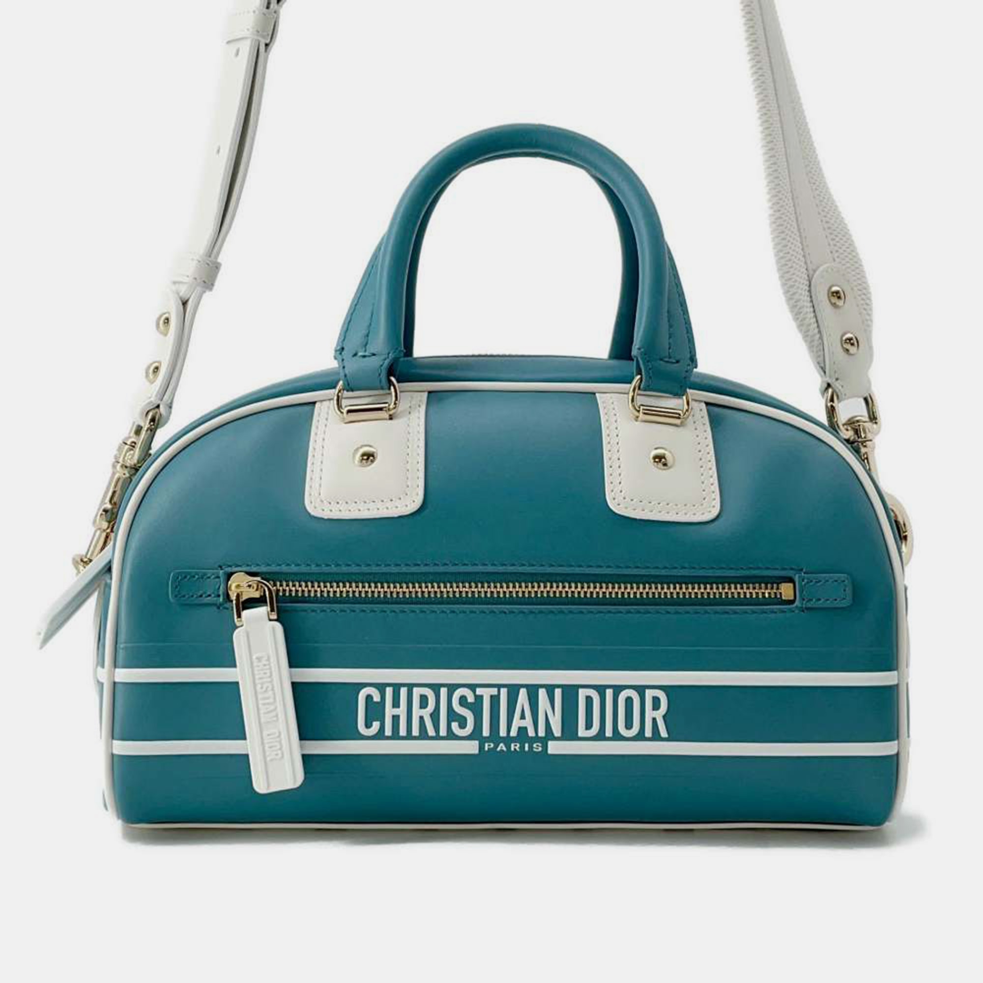 

Dior White/Turquise Blue Leather Small Vibe Zip Bowling Bag