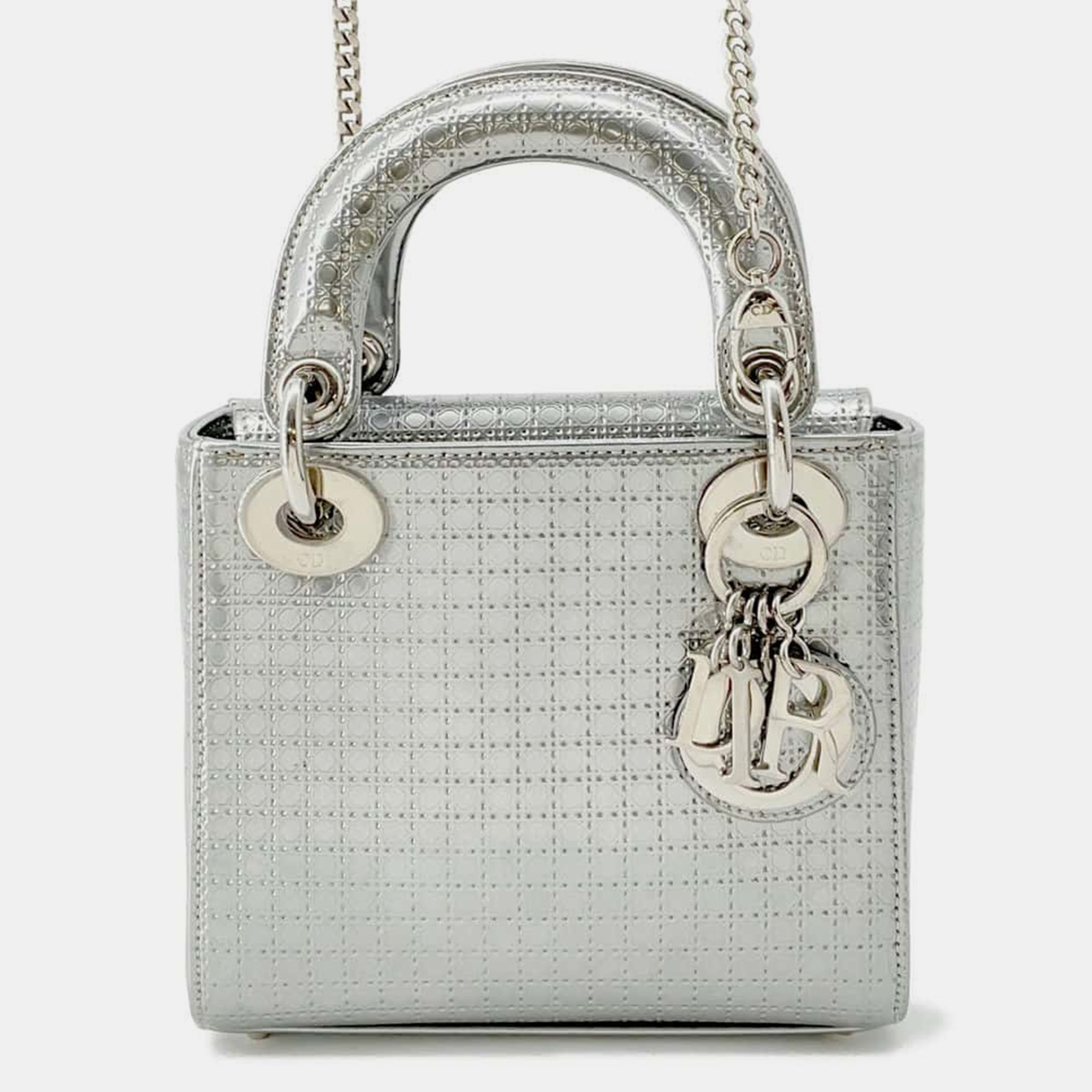 

Dior Silver Patent Leather Microcannage Lady Dior Mini Top Handle Bag