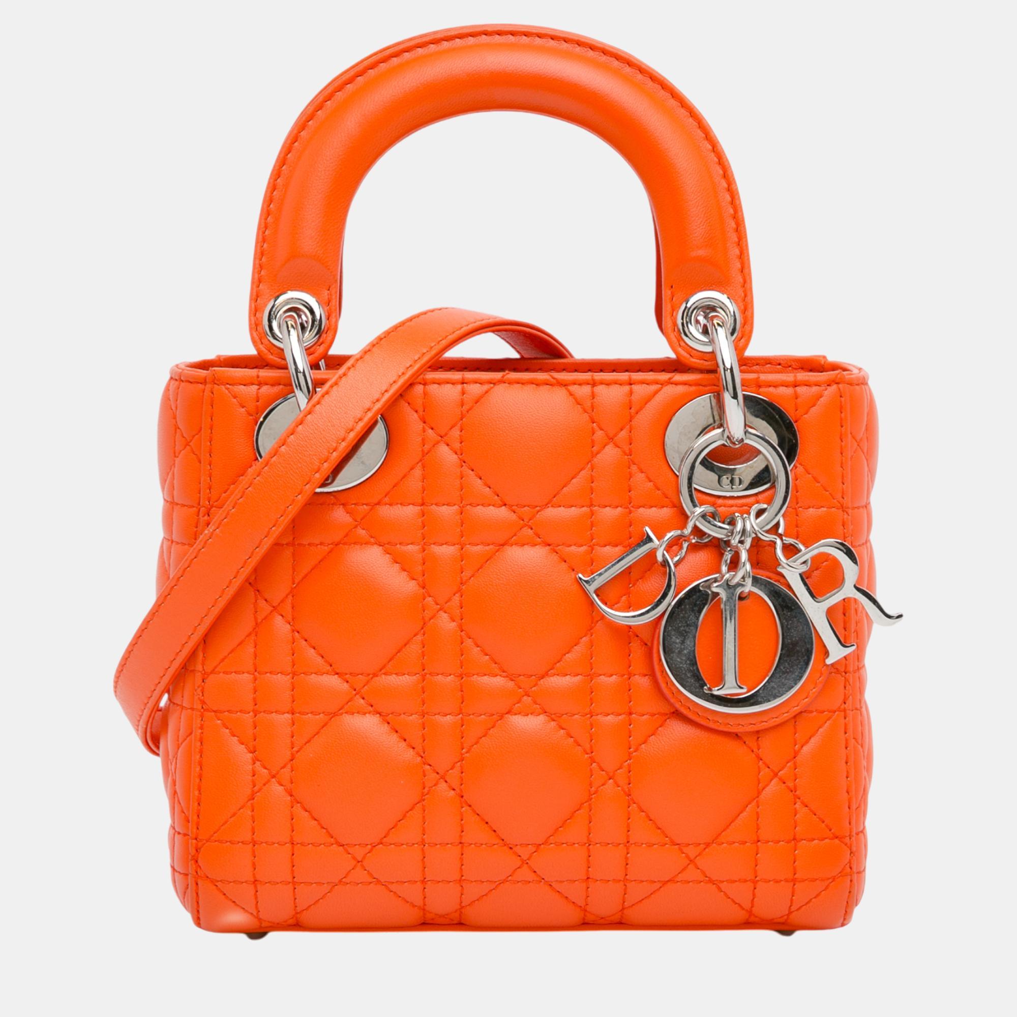 

Dior Orange Mini Lambskin Cannage Lady Dior