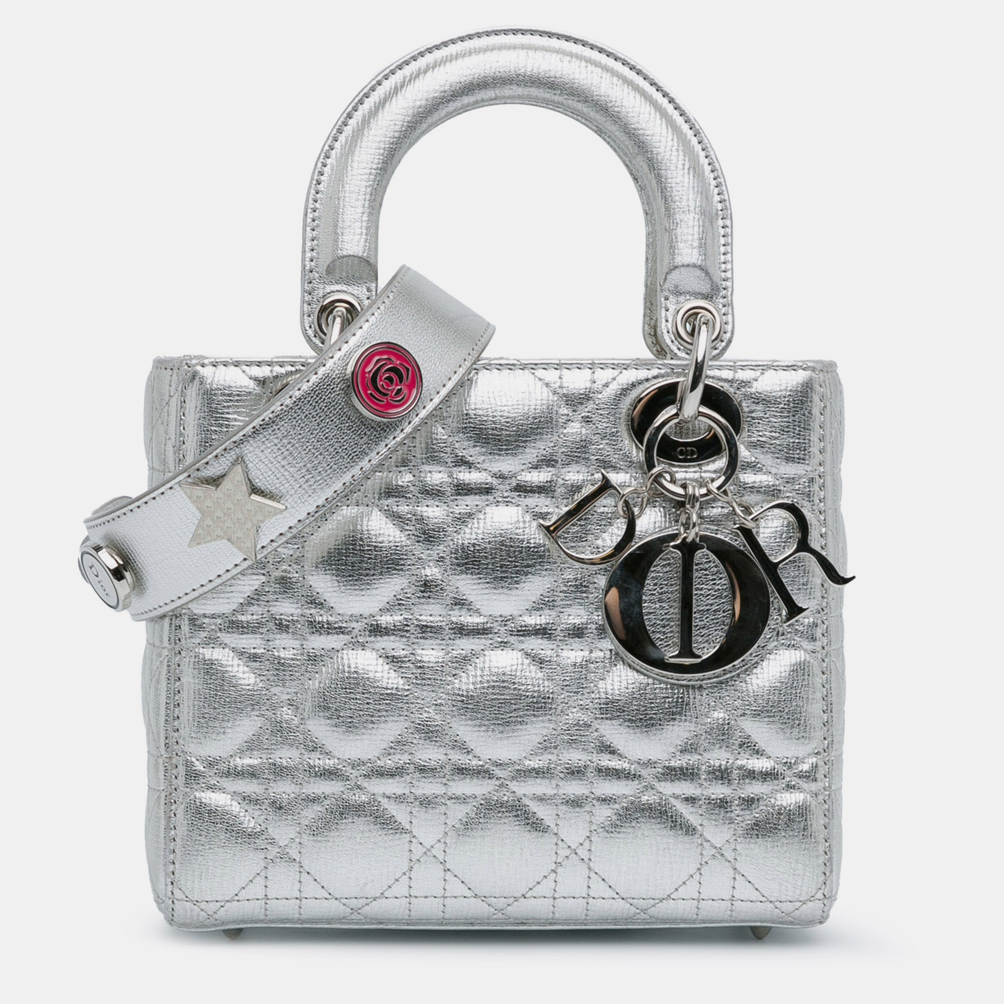 

Dior Small Metallic Grained Calfskin Cannage Lucky Badges My Lady Dior Bag, Silver