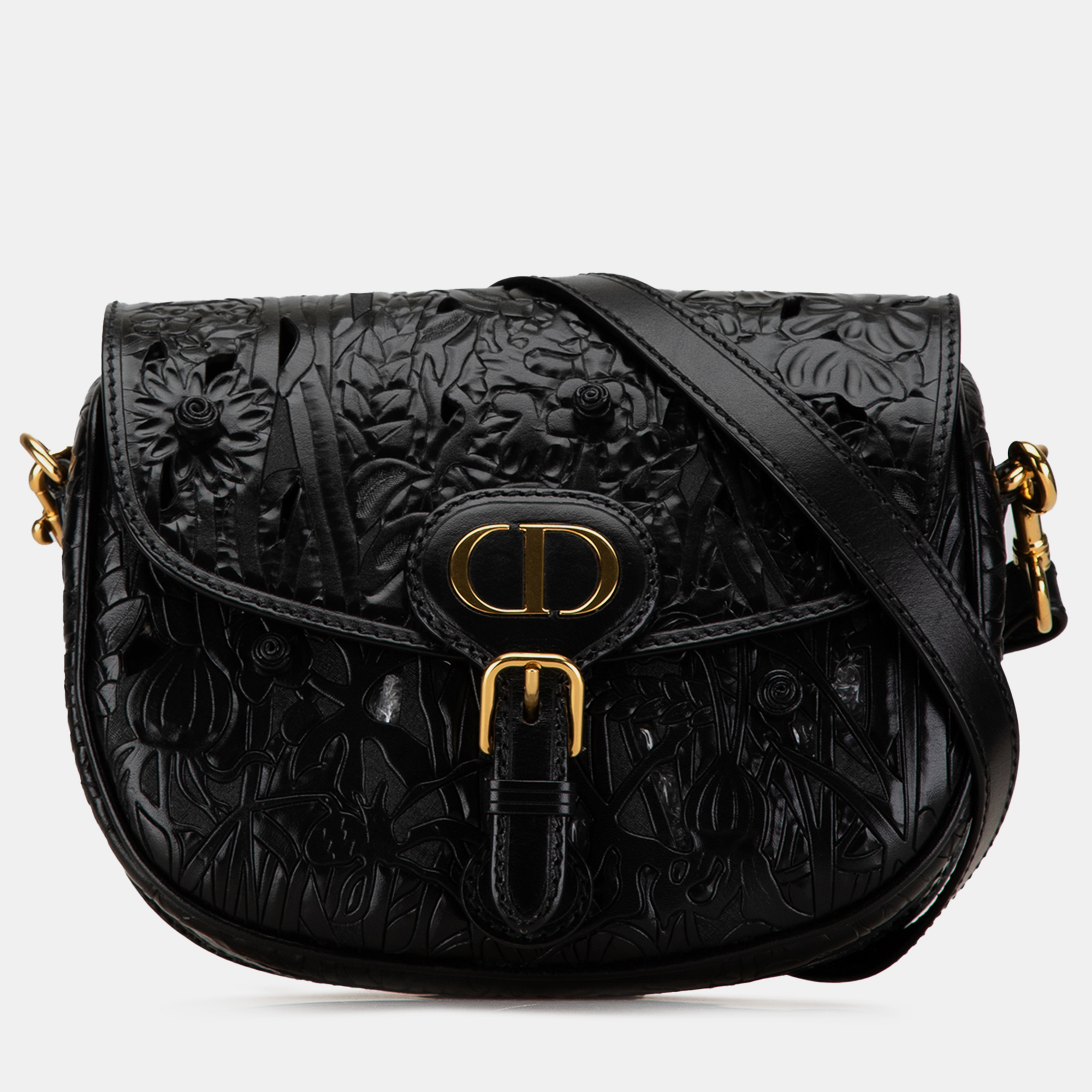 Pre-owned Dior Medium Floral Applique Bobby Bag In Black