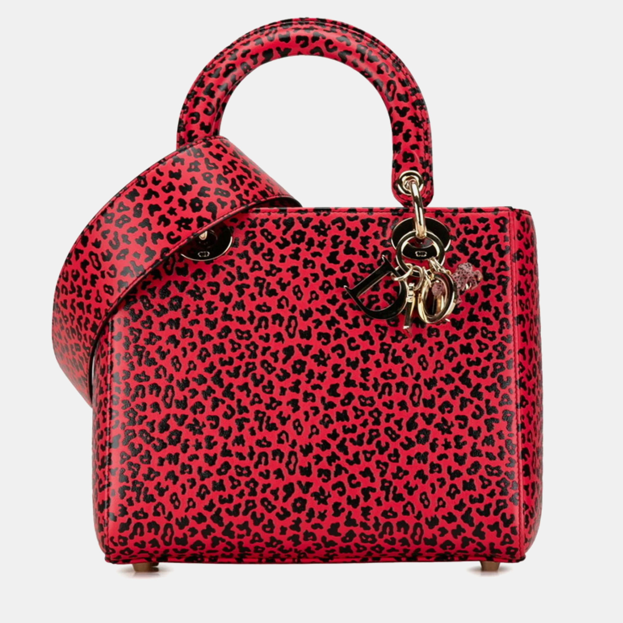 

Dior Black/Red Leopard Print Leather  Lady Dior Top Handle Bags