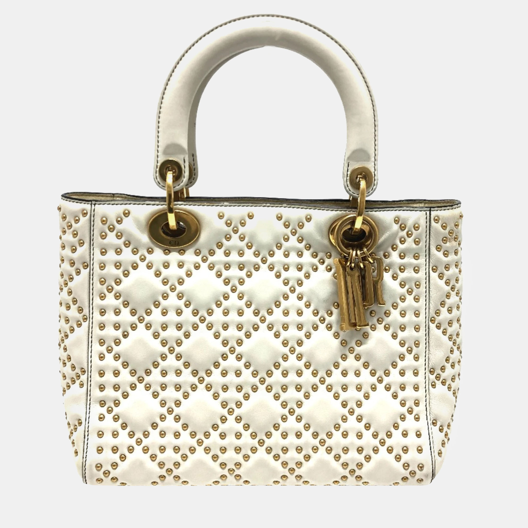 

Dior White Leather Studded  Lady Dior Top Handle Bags