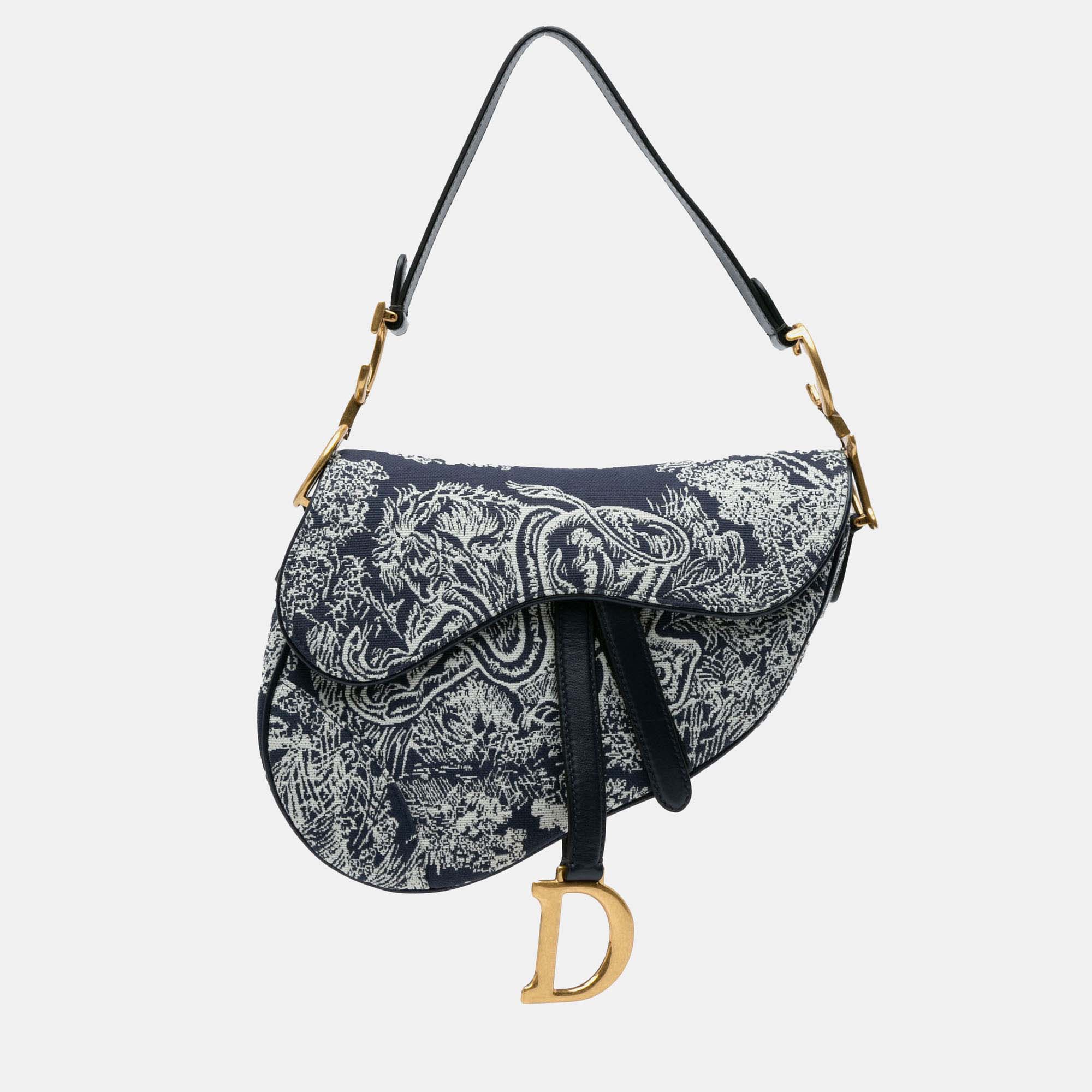 Pre-owned Dior Medium Toile De Jouy Saddle In Navy Blue